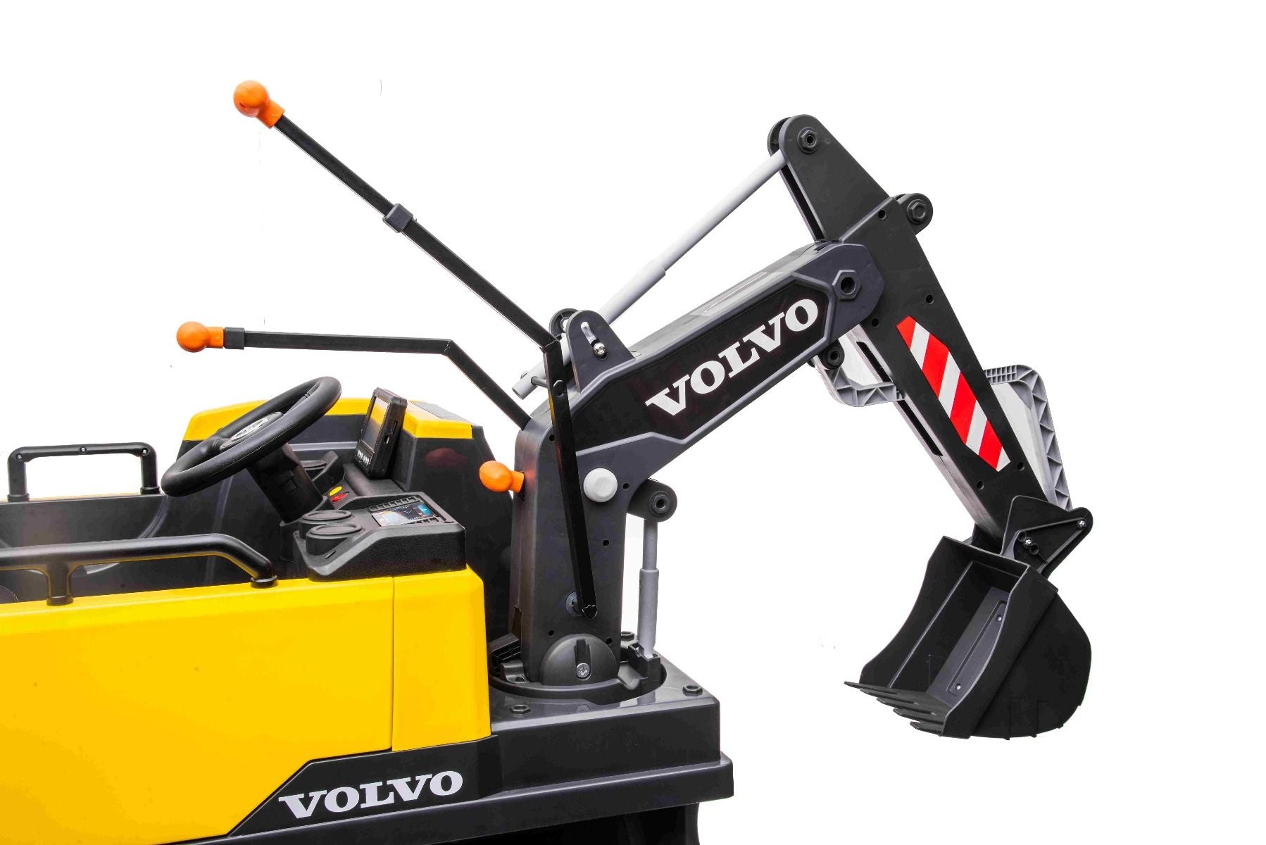Elektrischer Bagger für Kinder Volvo Excavator 12V mit Baggerschaufel vorne, Einsitzer, gelb, weicher Kunstledersitz, MP3-Player mit USB/TF/AUX-Eingang, Heckantrieb, 2 x 35W Motor, EVA-Räder, 12V/14Ah Akku, lizenziert