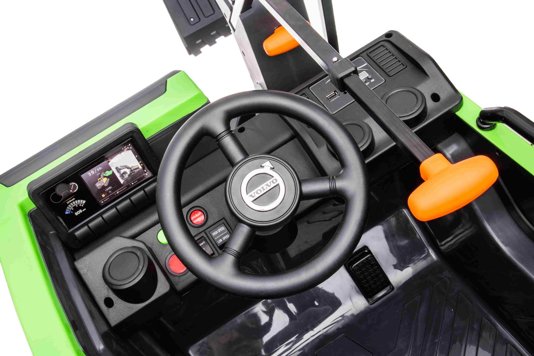 Elektrischer Bagger für Kinder Volvo Excavator 12V mit Baggerschaufel vorne, Einsitzer, grün, weicher Kunstledersitz, MP3-Player mit USB/TF/AUX-Eingang, Heckantrieb, 2 x 35W Motor, EVA-Räder, 12V/14Ah Akku, lizenziert