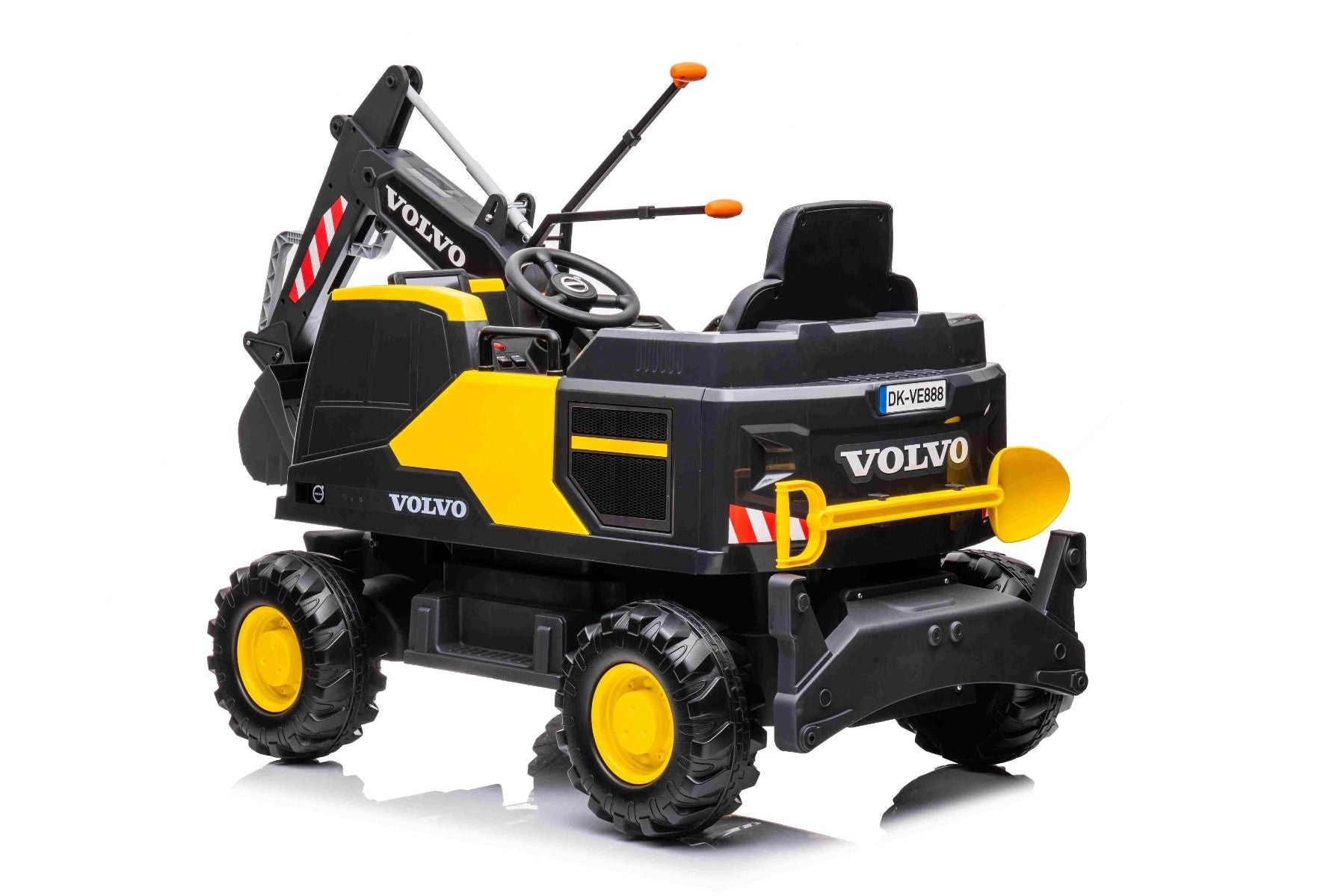 Elektrischer Bagger für Kinder Volvo Excavator 12V mit Baggerschaufel vorne, Einsitzer, gelb, weicher Kunstledersitz, MP3-Player mit USB/TF/AUX-Eingang, Heckantrieb, 2 x 35W Motor, EVA-Räder, 12V/14Ah Akku, lizenziert