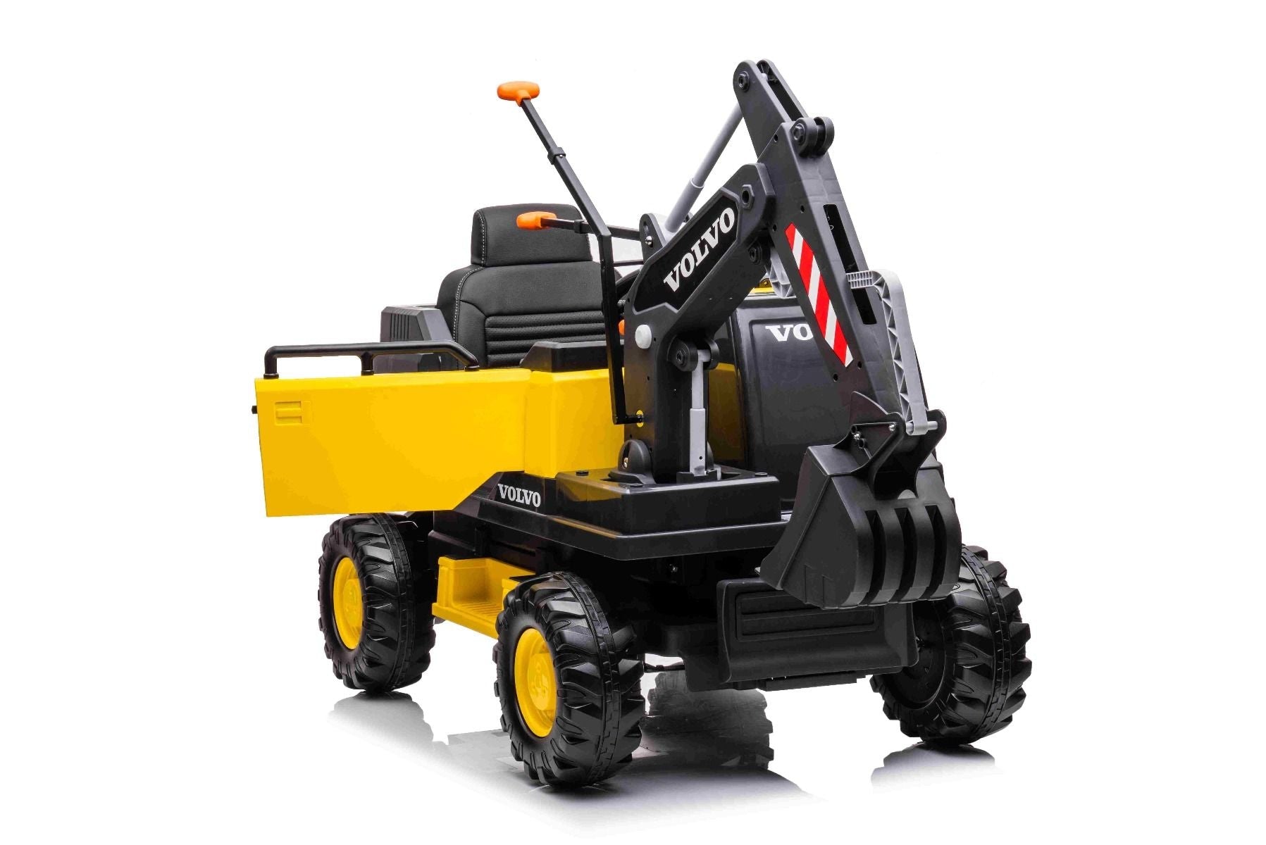 Elektrischer Bagger für Kinder Volvo Excavator 12V mit Baggerschaufel vorne, Einsitzer, gelb, weicher Kunstledersitz, MP3-Player mit USB/TF/AUX-Eingang, Heckantrieb, 2 x 35W Motor, EVA-Räder, 12V/14Ah Akku, lizenziert