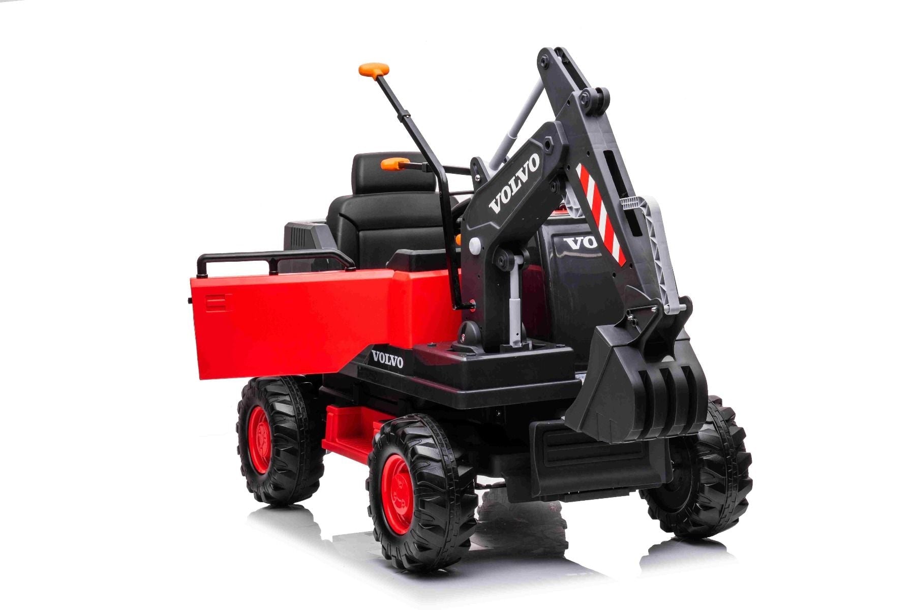 Elektrischer Bagger für Kinder Volvo Excavator 12V mit Baggerschaufel vorne, Einsitzer, rot, weicher Kunstledersitz, MP3-Player mit USB/TF/AUX-Eingang, Heckantrieb, 2 x 35W Motor, EVA-Räder, 12V/14Ah Akku, lizenziert