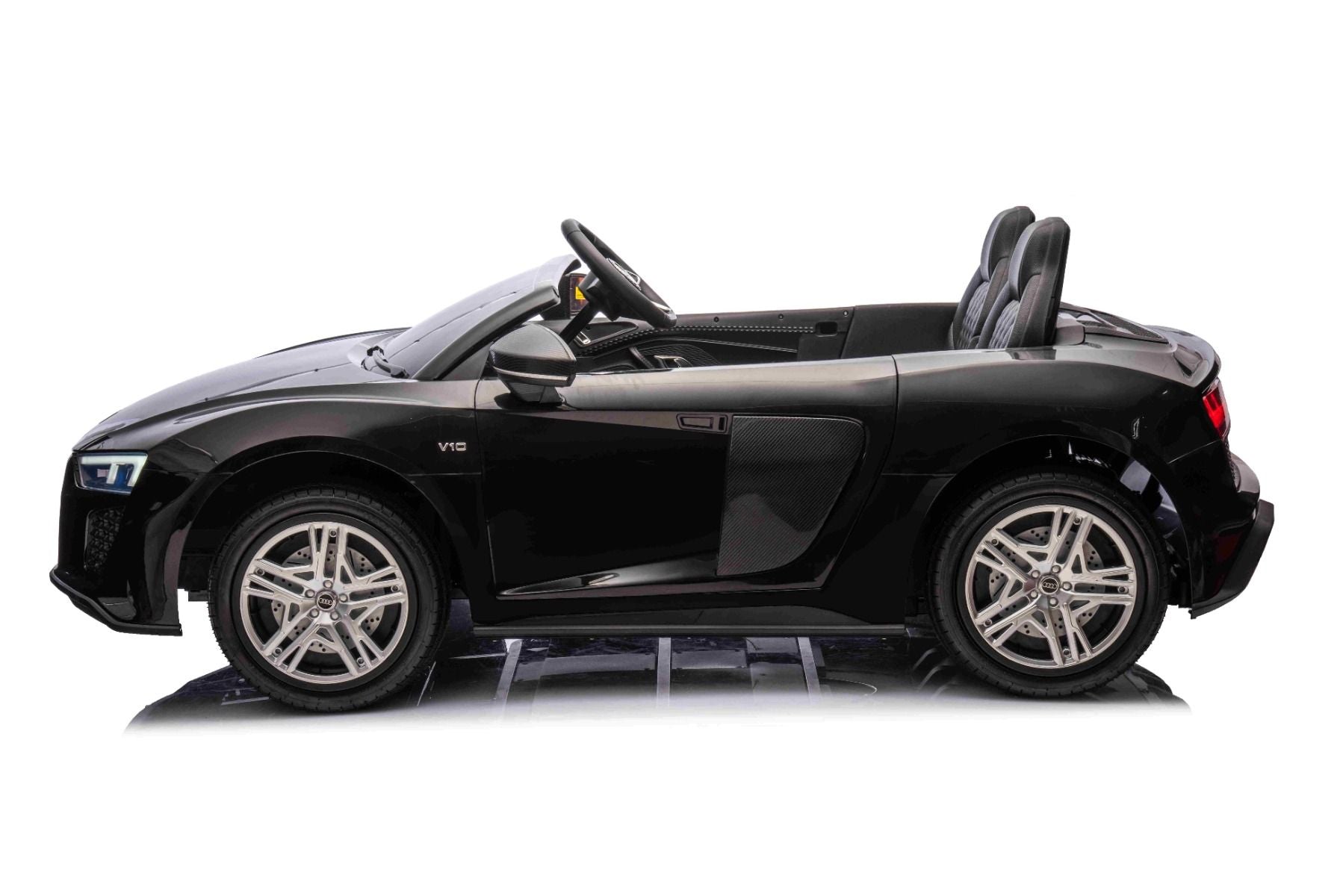 Elektrisches Kinderauto Audi R8 SPYDER Zweisitzer 24V, schwarz, MP3-Player mit USB/AUX und Bluetooth, Batterie 24V/14Ah, 2 x 200W Motoren, EVA-Räder mit Hinterradfederung, verstellbare Ledersitze, Fernbedienung, lizenziert