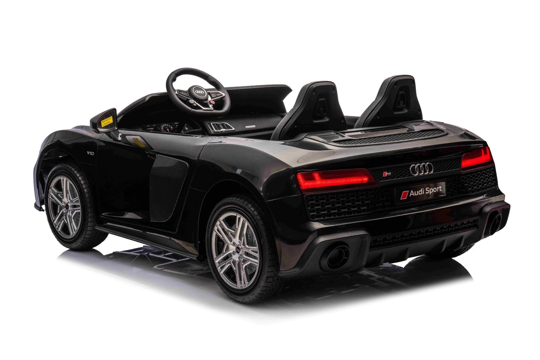 Elektrisches Kinderauto Audi R8 SPYDER Zweisitzer 24V, schwarz, MP3-Player mit USB/AUX und Bluetooth, Batterie 24V/14Ah, 2 x 200W Motoren, EVA-Räder mit Hinterradfederung, verstellbare Ledersitze, Fernbedienung, lizenziert