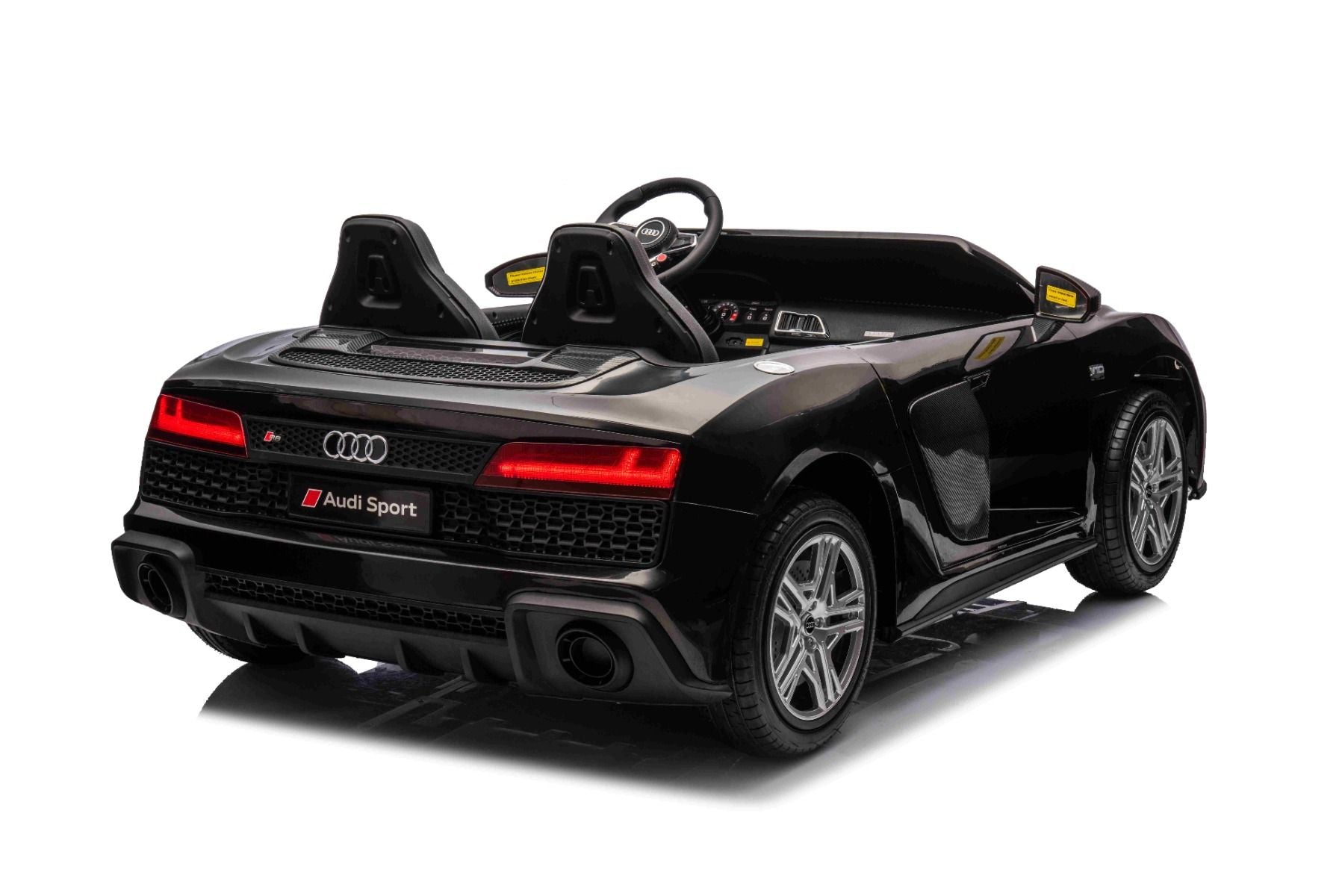 Elektrisches Kinderauto Audi R8 SPYDER Zweisitzer 24V, schwarz, MP3-Player mit USB/AUX und Bluetooth, Batterie 24V/14Ah, 2 x 200W Motoren, EVA-Räder mit Hinterradfederung, verstellbare Ledersitze, Fernbedienung, lizenziert