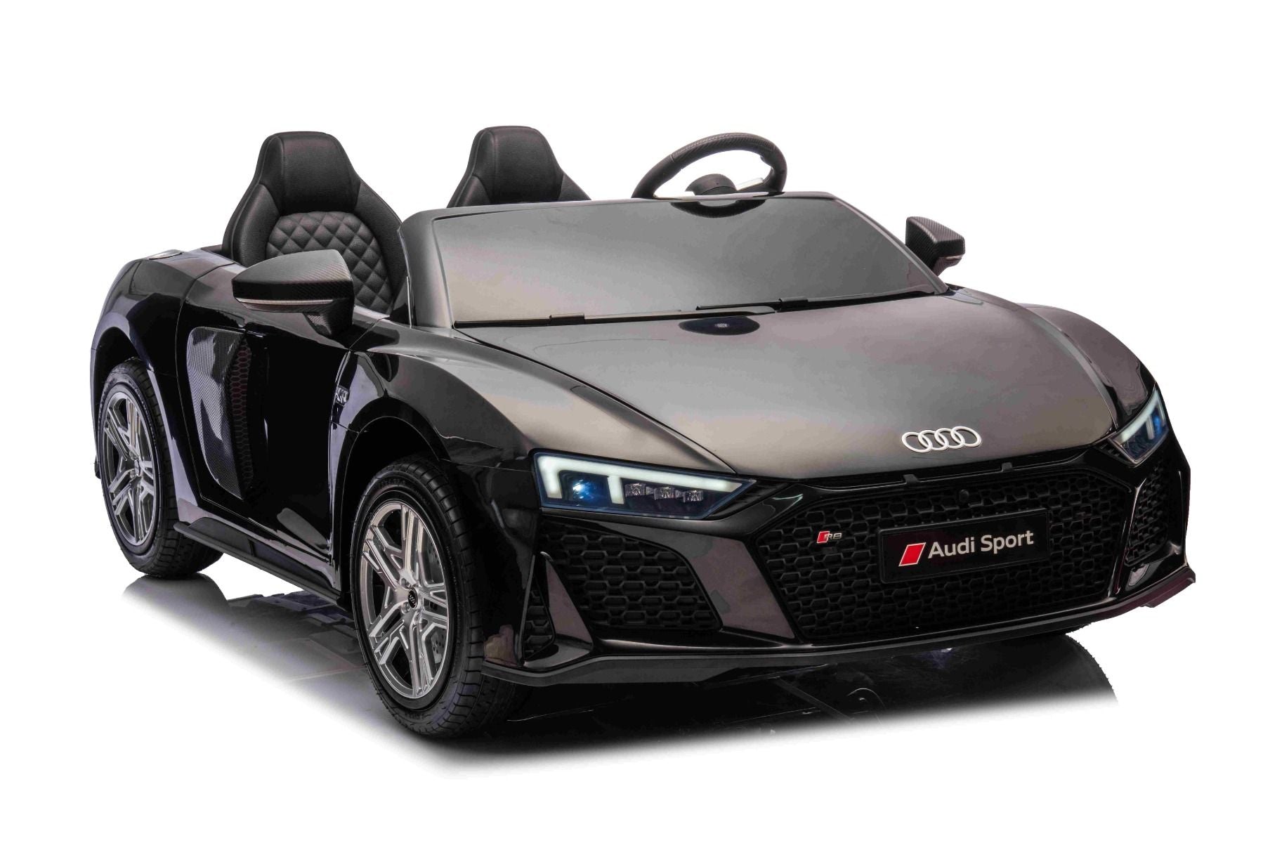 Elektrisches Kinderauto Audi R8 SPYDER Zweisitzer 24V, schwarz, MP3-Player mit USB/AUX und Bluetooth, Batterie 24V/14Ah, 2 x 200W Motoren, EVA-Räder mit Hinterradfederung, verstellbare Ledersitze, Fernbedienung, lizenziert