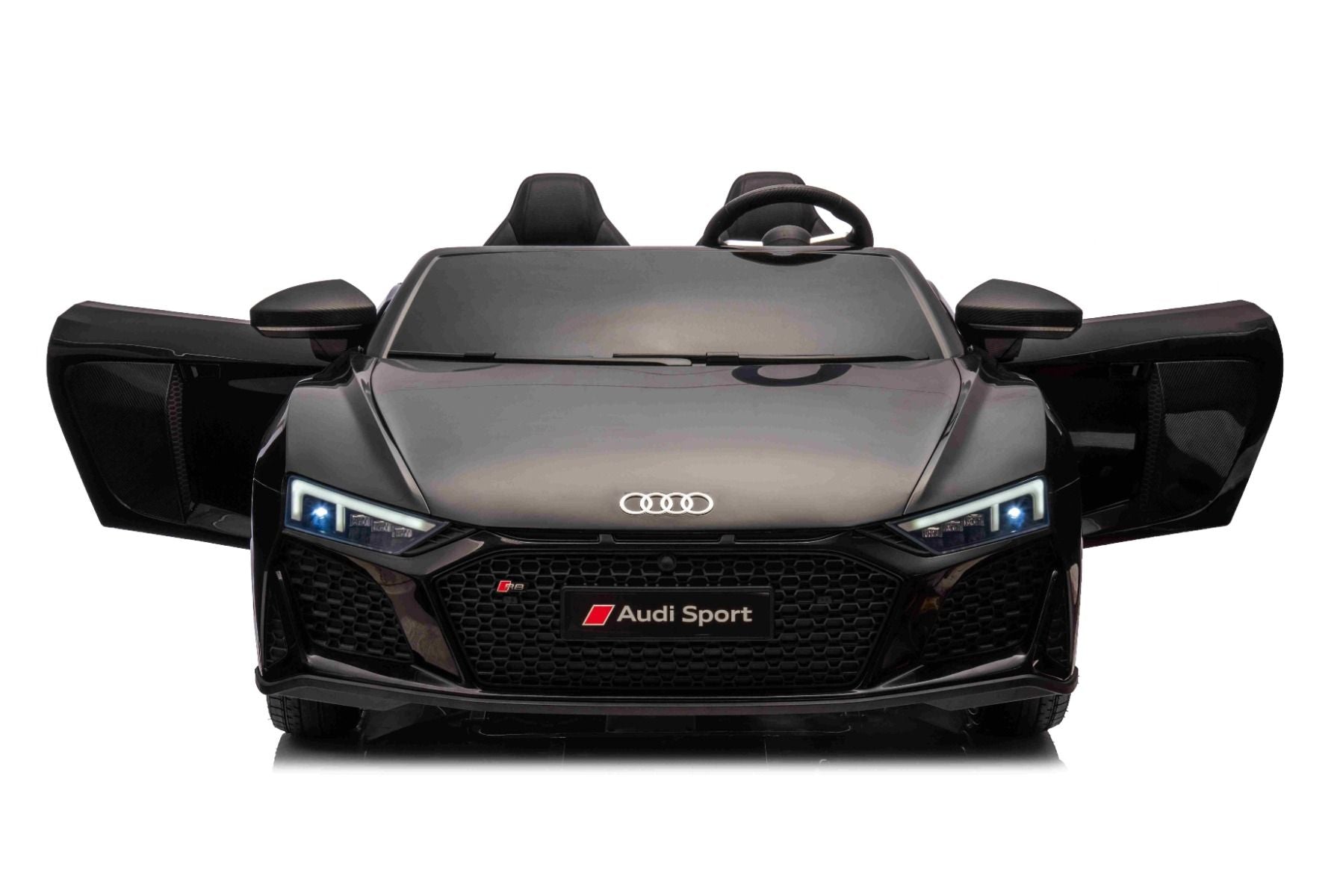 Elektrisches Kinderauto Audi R8 SPYDER Zweisitzer 24V, schwarz, MP3-Player mit USB/AUX und Bluetooth, Batterie 24V/14Ah, 2 x 200W Motoren, EVA-Räder mit Hinterradfederung, verstellbare Ledersitze, Fernbedienung, lizenziert