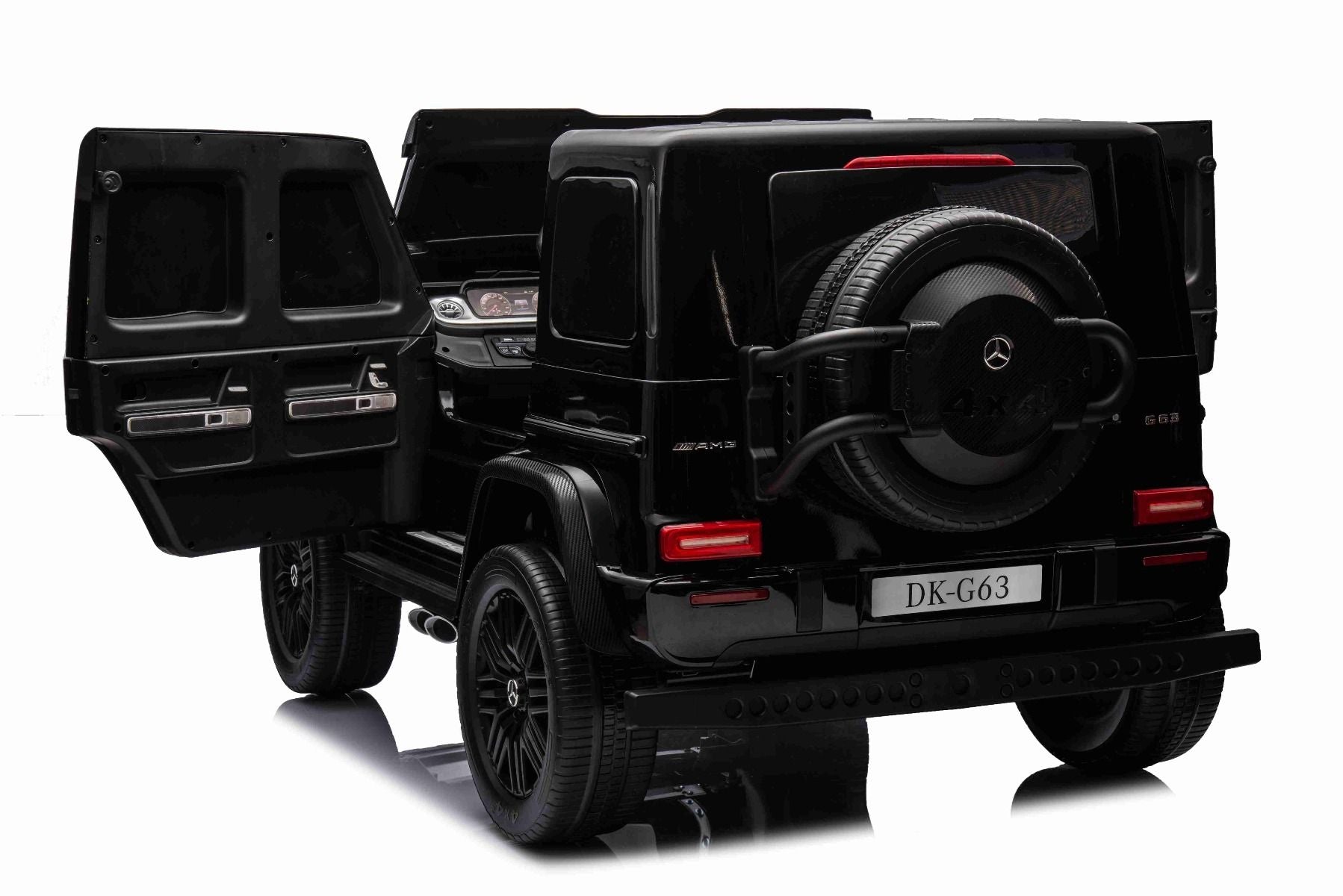 4x4² Kinder Elektroauto 12V 2 sitzer Mercedes-Benz G63 AMG , schwarz, MP3-Player mit USB/AUX-Eingang, 4x4-Antrieb, Batterie 12V14Ah, gefederte EVA-Räder, Kunstledersitze, Fernbedienung, Lizenziert