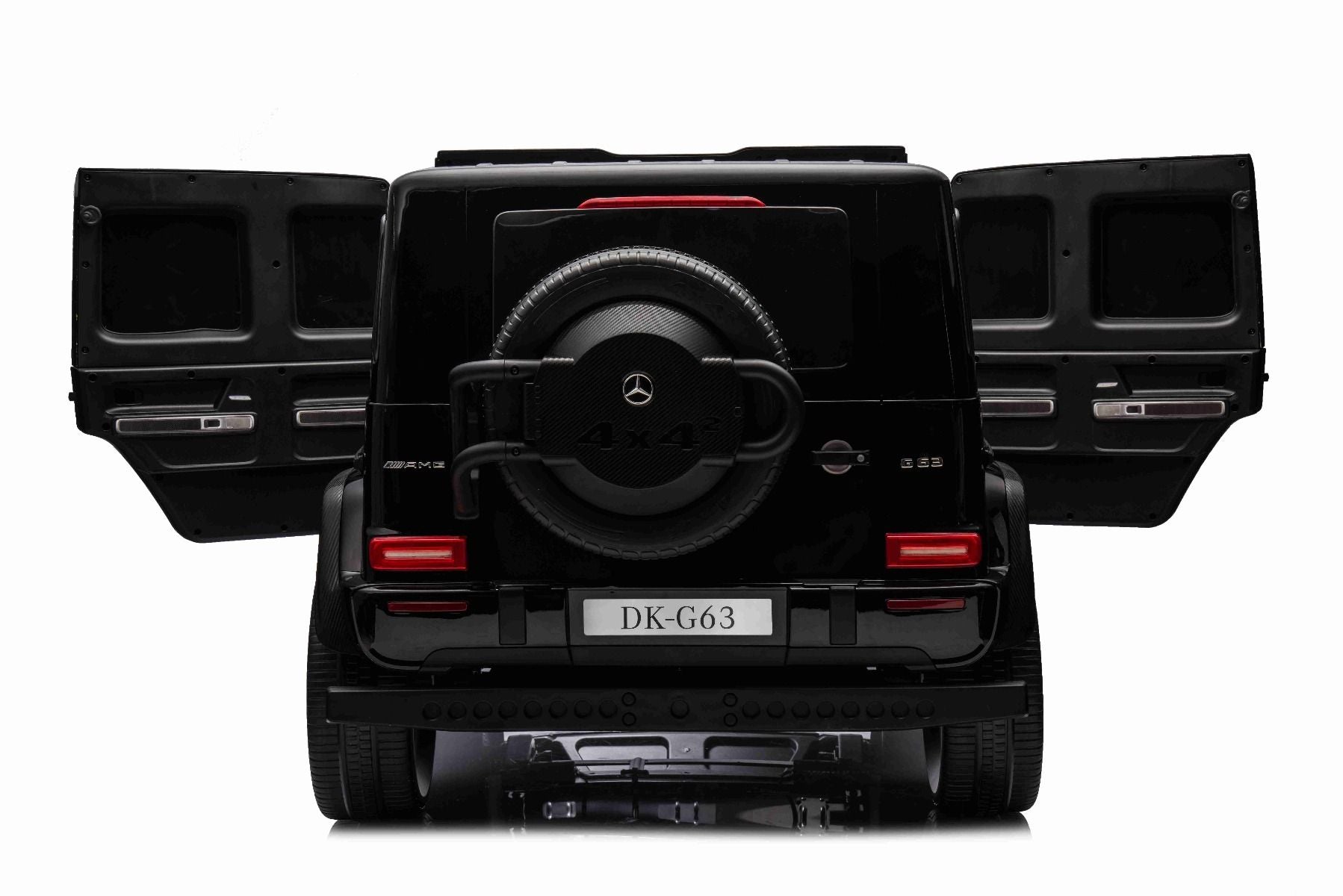 4x4² Kinder Elektroauto 12V 2 sitzer Mercedes-Benz G63 AMG , schwarz, MP3-Player mit USB/AUX-Eingang, 4x4-Antrieb, Batterie 12V14Ah, gefederte EVA-Räder, Kunstledersitze, Fernbedienung, Lizenziert