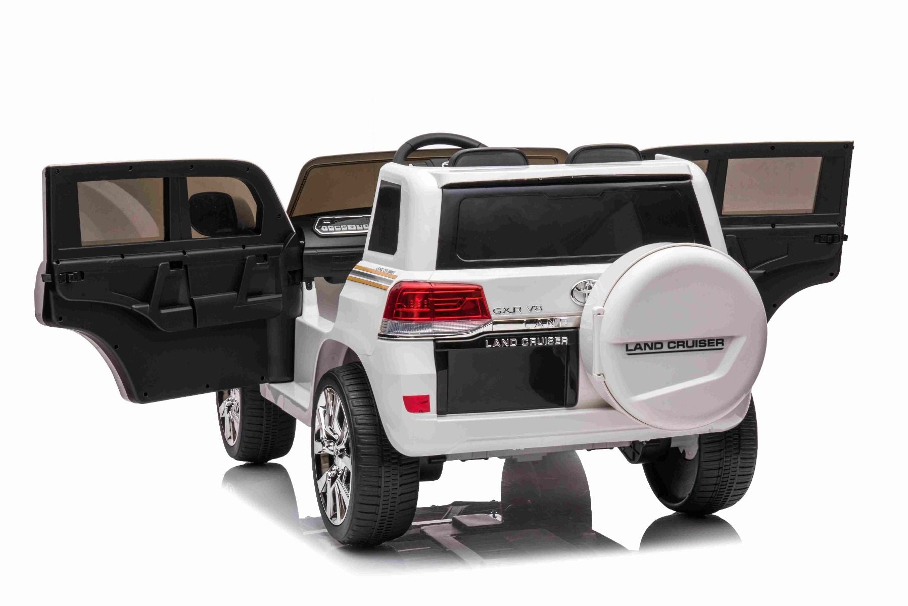 Kinder-Elektroauto Toyota Landcruiser 12V, WEISS, Kunstledersitz, 12V/7AH-Akku, Öffnende Türen, 2 x 35W-Motor, 2.4GHz-Fernbedienung, weiche EVA-Räder, Federung, Sanftanlauf, MP3-Player mit USB-/AUX-Eingang, lizenziert