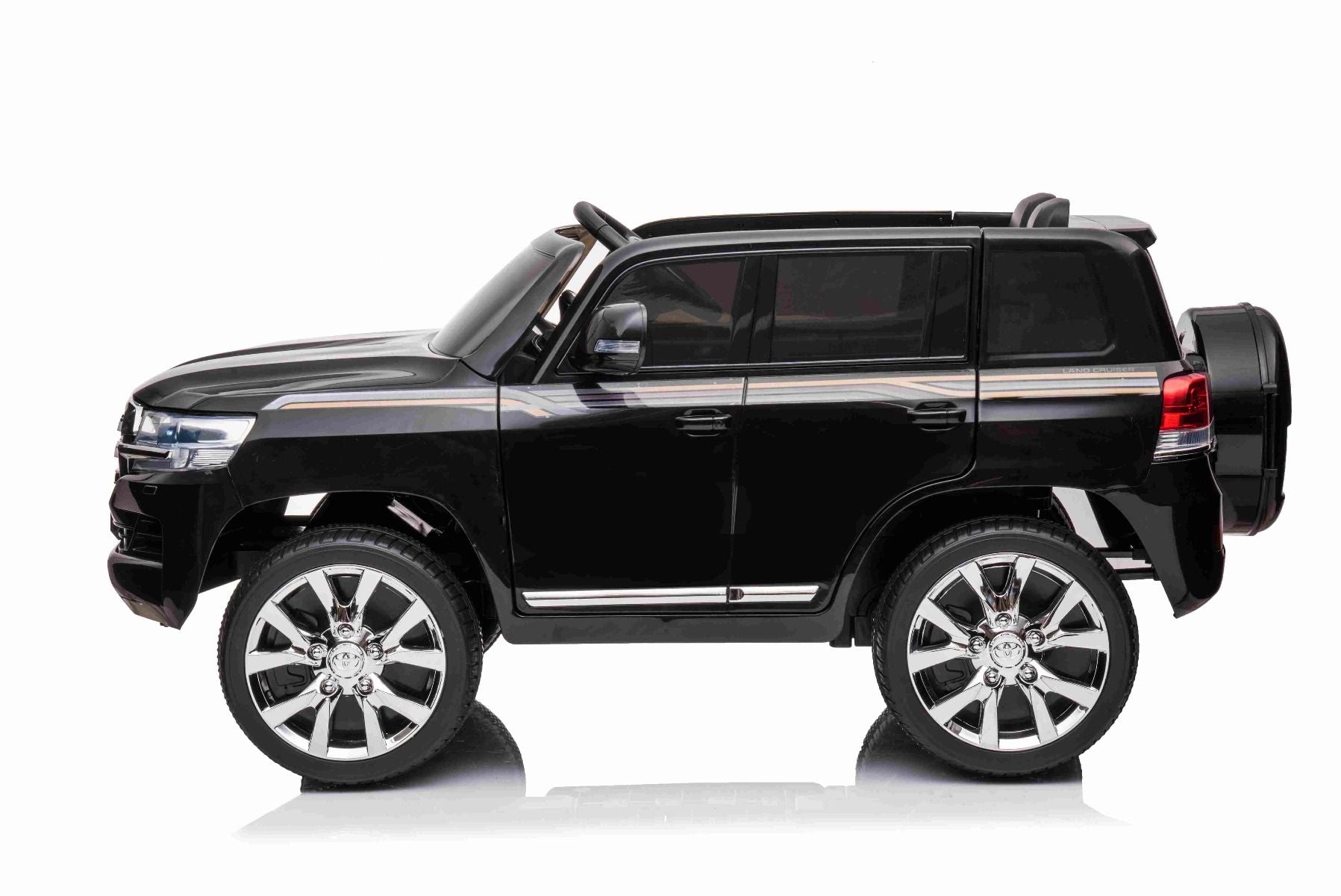 Kinder-Elektroauto Toyota Landcruiser 12V, SCHWARZ, Kunstledersitz, 12V/7AH-Akku, Öffnende Türen, 2 x 35W-Motor, 2.4GHz-Fernbedienung, weiche EVA-Räder, Federung, Sanftanlauf, MP3-Player mit USB-/AUX-Eingang, lizenziert