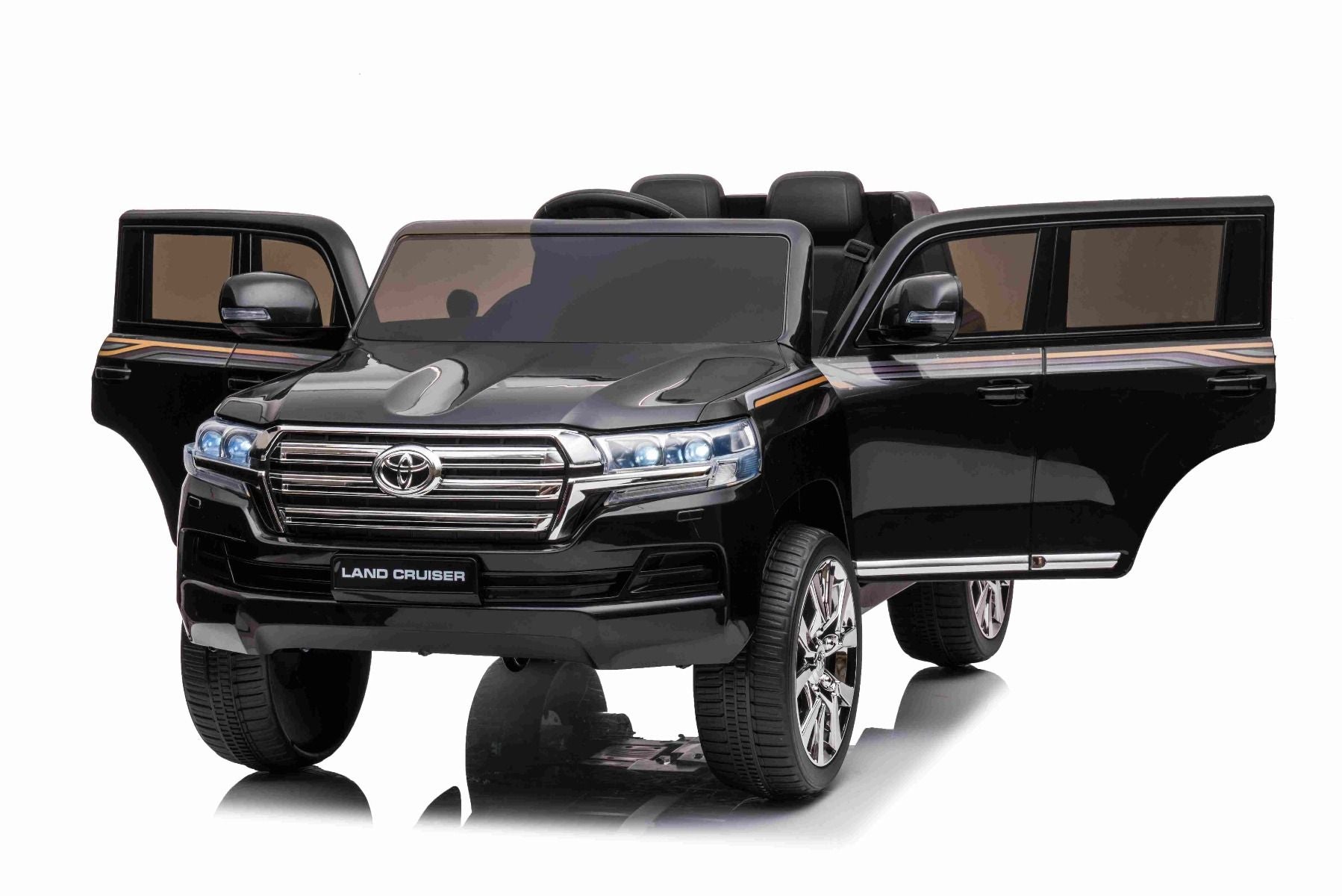 Kinder-Elektroauto Toyota Landcruiser 12V, SCHWARZ, Kunstledersitz, 12V/7AH-Akku, Öffnende Türen, 2 x 35W-Motor, 2.4GHz-Fernbedienung, weiche EVA-Räder, Federung, Sanftanlauf, MP3-Player mit USB-/AUX-Eingang, lizenziert