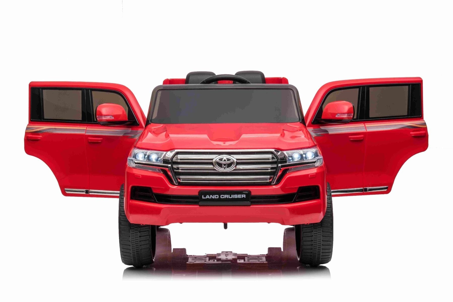 Kinder-Elektroauto Toyota Landcruiser 12V, ROT, Kunstledersitz, 12V/7AH-Akku, Öffnende Türen, 2 x 35W-Motor, 2.4GHz-Fernbedienung, weiche EVA-Räder, Federung, Sanftanlauf, MP3-Player mit USB-/AUX-Eingang, lizenziert
