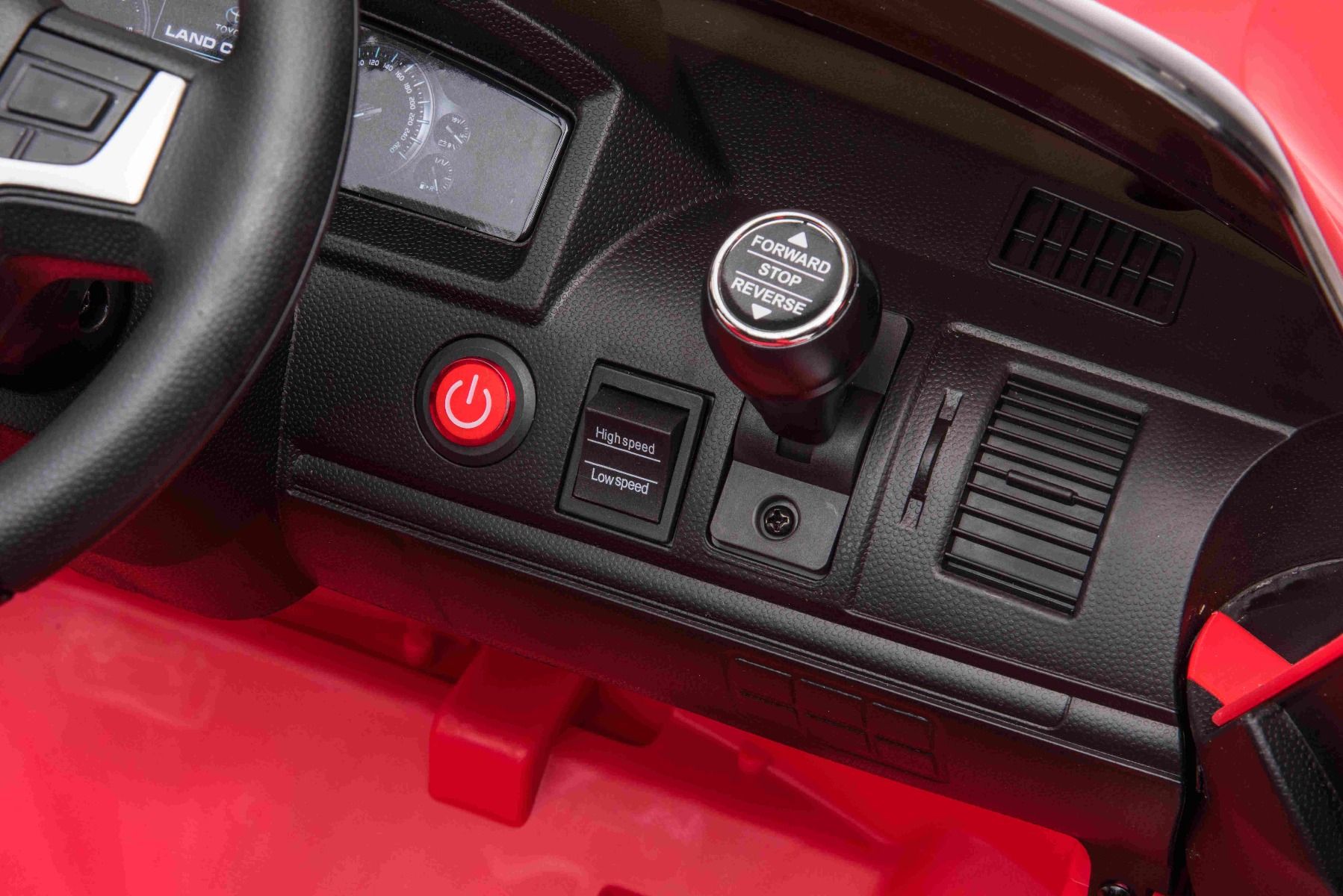 Kinder-Elektroauto Toyota Landcruiser 12V, ROT, Kunstledersitz, 12V/7AH-Akku, Öffnende Türen, 2 x 35W-Motor, 2.4GHz-Fernbedienung, weiche EVA-Räder, Federung, Sanftanlauf, MP3-Player mit USB-/AUX-Eingang, lizenziert