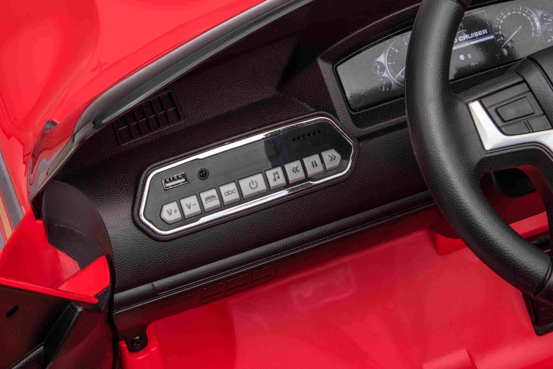 Kinder-Elektroauto Toyota Landcruiser 12V, ROT, Kunstledersitz, 12V/7AH-Akku, Öffnende Türen, 2 x 35W-Motor, 2.4GHz-Fernbedienung, weiche EVA-Räder, Federung, Sanftanlauf, MP3-Player mit USB-/AUX-Eingang, lizenziert