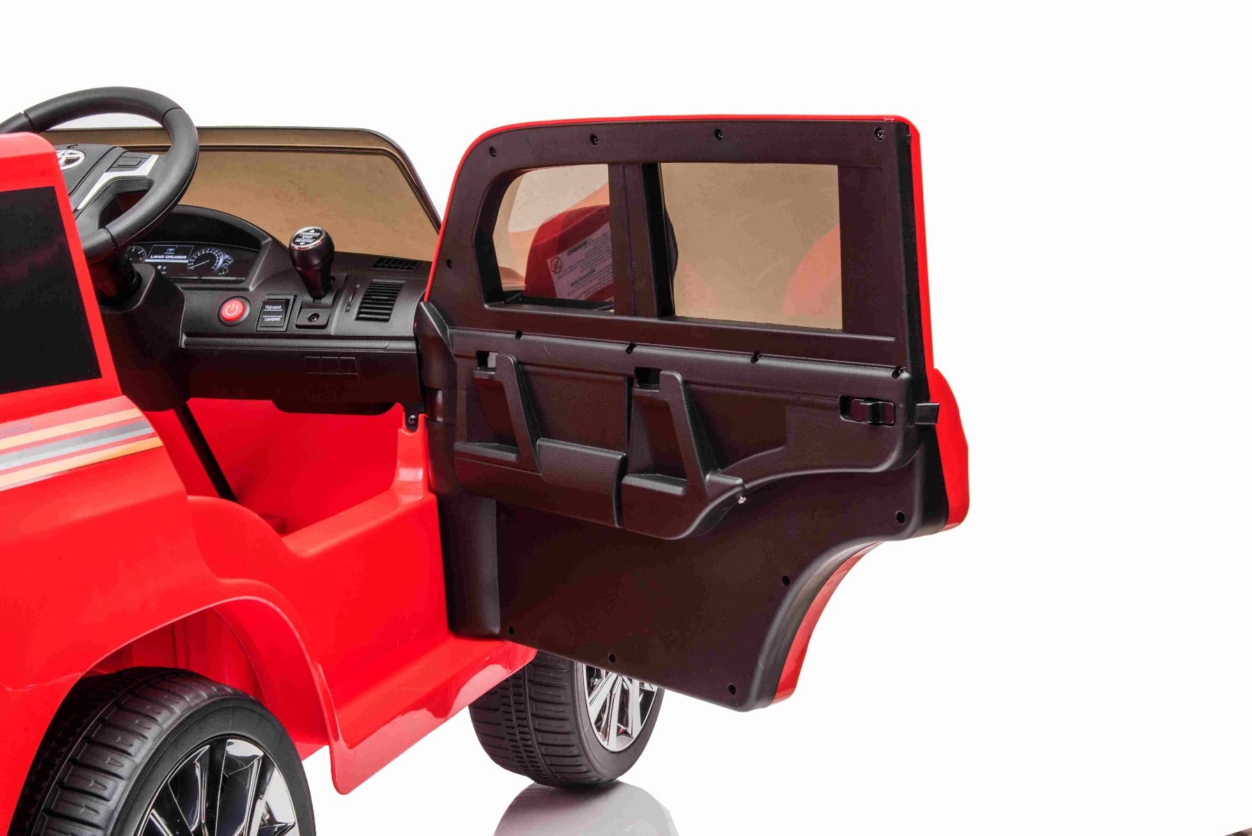 Kinder-Elektroauto Toyota Landcruiser 12V, ROT, Kunstledersitz, 12V/7AH-Akku, Öffnende Türen, 2 x 35W-Motor, 2.4GHz-Fernbedienung, weiche EVA-Räder, Federung, Sanftanlauf, MP3-Player mit USB-/AUX-Eingang, lizenziert