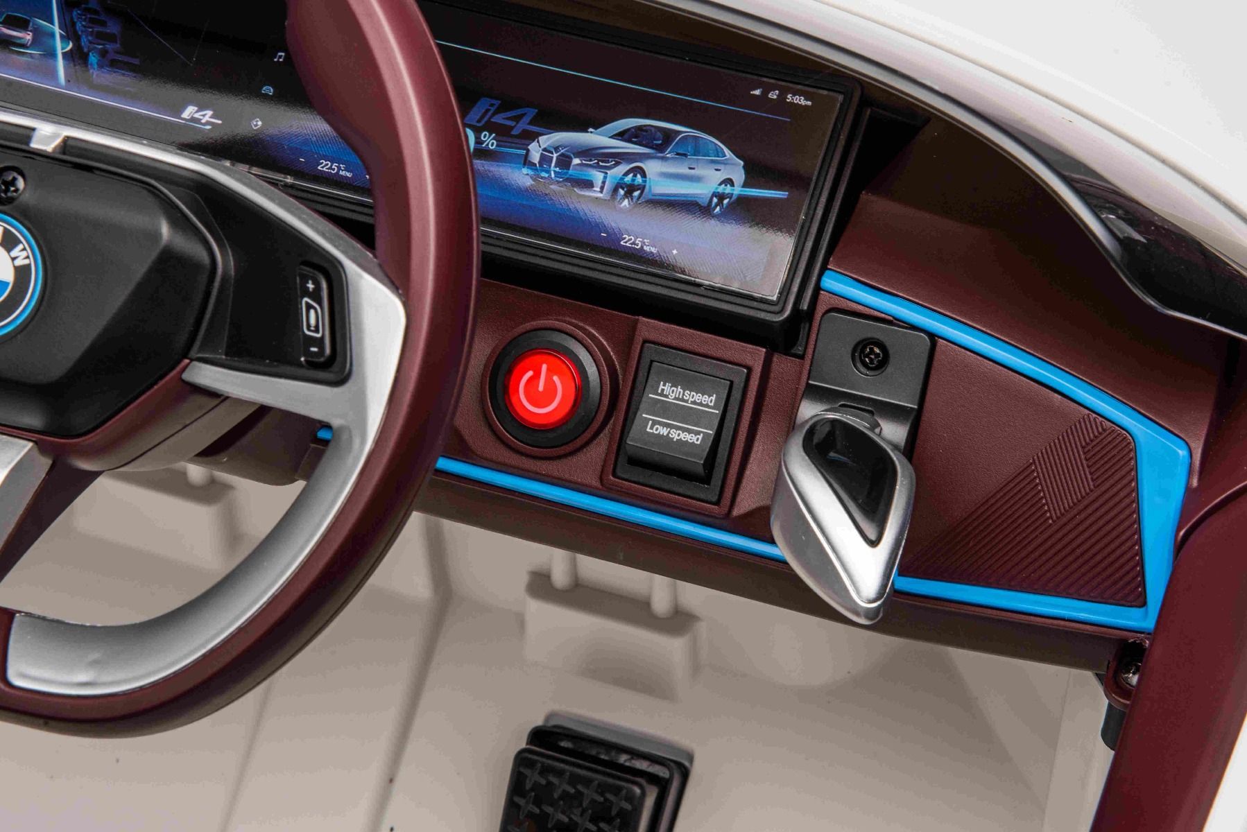 Elektro-Rutschauto BMW i4, Weiß, 2,4-GHz-Fernbedienung, USB / AUX / Bluetooth, Hinterradaufhängung, 12-V-Batterie, LED-Leuchten, 2 x 25-W-Motor, ORIGINAL-Lizenz