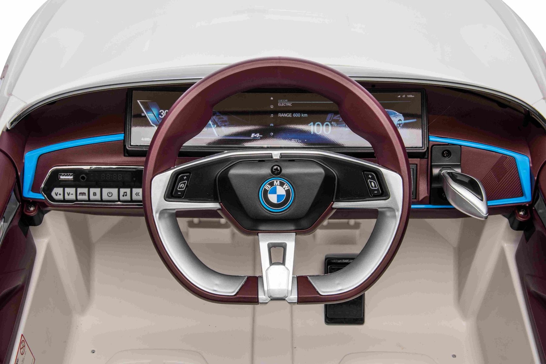 Elektro-Rutschauto BMW i4, Weiß, 2,4-GHz-Fernbedienung, USB / AUX / Bluetooth, Hinterradaufhängung, 12-V-Batterie, LED-Leuchten, 2 x 25-W-Motor, ORIGINAL-Lizenz