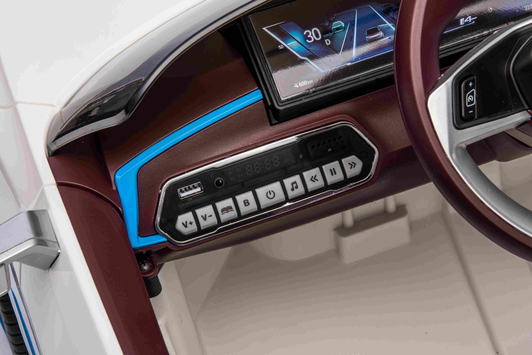 Elektro-Rutschauto BMW i4, Weiß, 2,4-GHz-Fernbedienung, USB / AUX / Bluetooth, Hinterradaufhängung, 12-V-Batterie, LED-Leuchten, 2 x 25-W-Motor, ORIGINAL-Lizenz