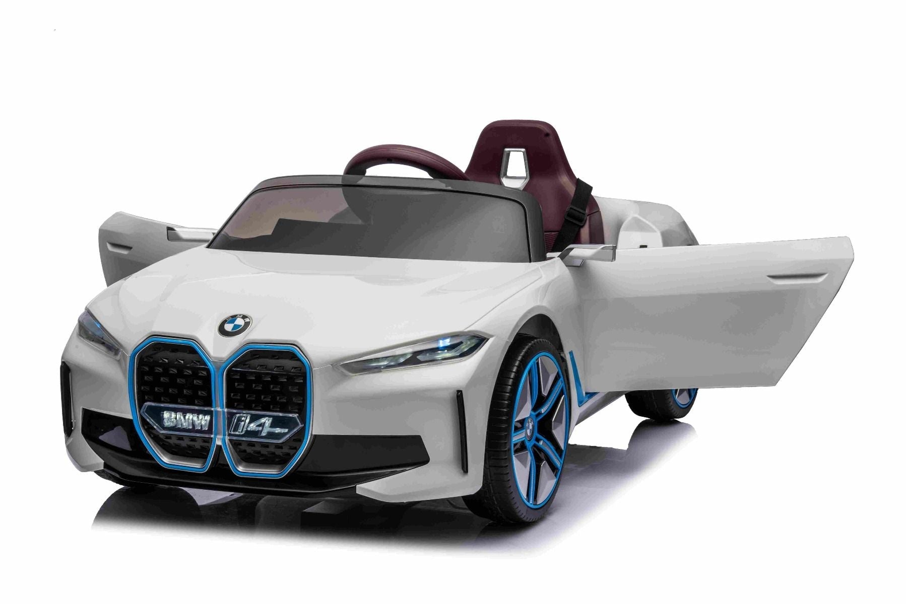Elektro-Rutschauto BMW i4, Weiß, 2,4-GHz-Fernbedienung, USB / AUX / Bluetooth, Hinterradaufhängung, 12-V-Batterie, LED-Leuchten, 2 x 25-W-Motor, ORIGINAL-Lizenz