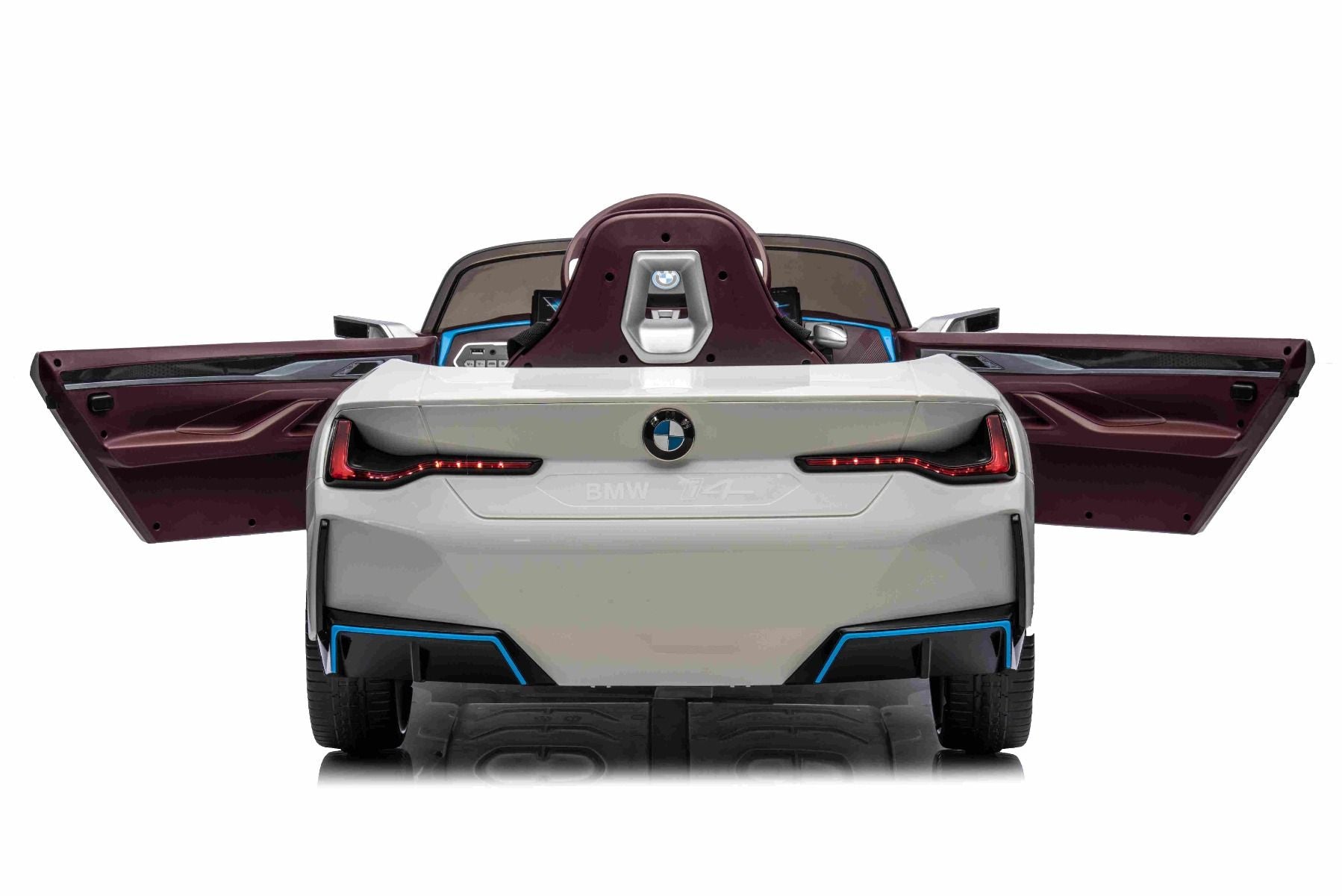 Elektro-Rutschauto BMW i4, Weiß, 2,4-GHz-Fernbedienung, USB / AUX / Bluetooth, Hinterradaufhängung, 12-V-Batterie, LED-Leuchten, 2 x 25-W-Motor, ORIGINAL-Lizenz