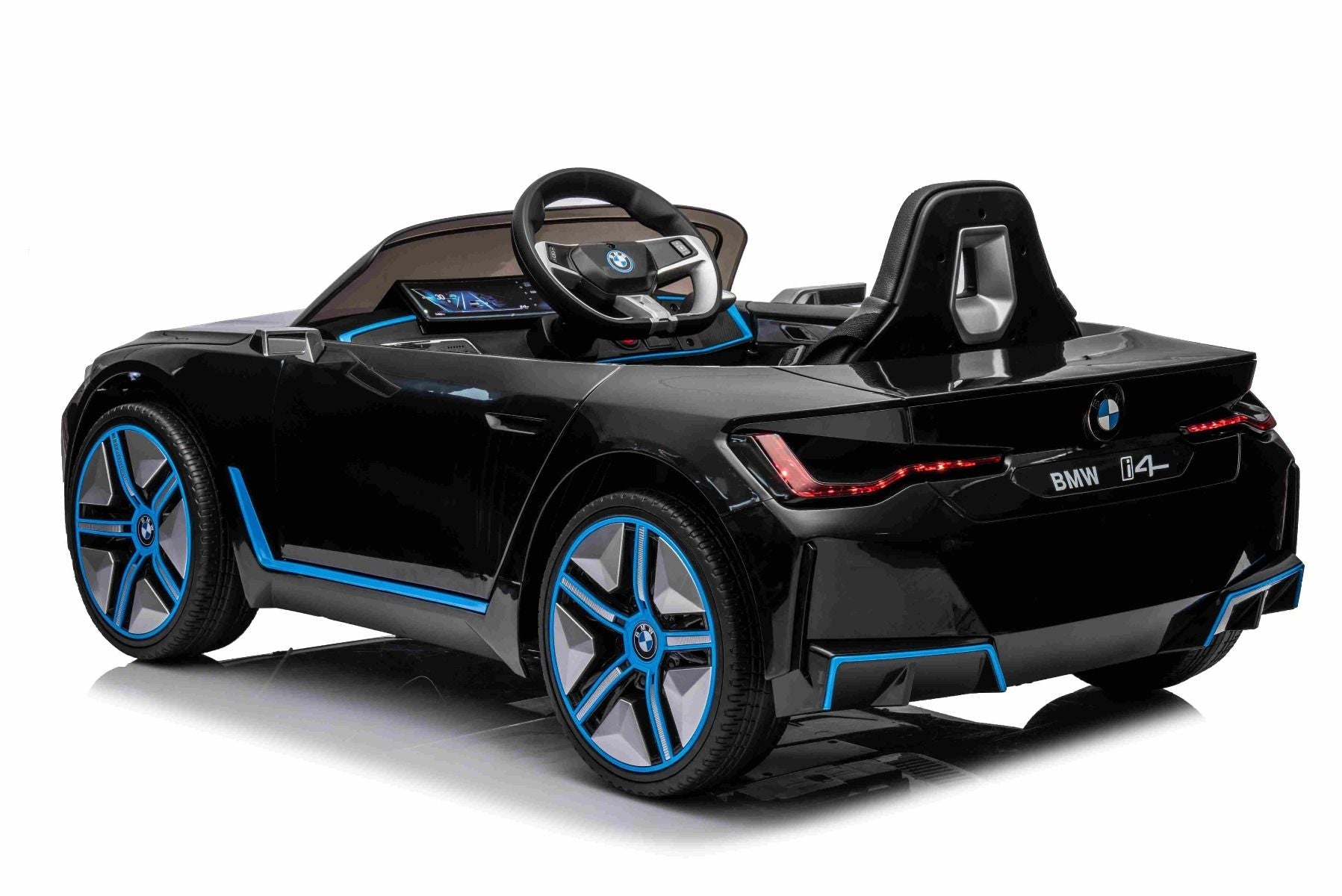 Elektro-Rutschauto BMW i4, noir, 2,4-GHz-Fernbedienung, USB / AUX / Bluetooth, Hinterradaufhängung, 12-V-Batterie, LED-Leuchten, 2 x 25-W-Motor, ORIGINAL-Lizenz