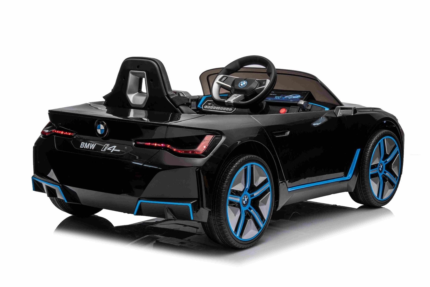 Elektro-Rutschauto BMW i4, noir, 2,4-GHz-Fernbedienung, USB / AUX / Bluetooth, Hinterradaufhängung, 12-V-Batterie, LED-Leuchten, 2 x 25-W-Motor, ORIGINAL-Lizenz