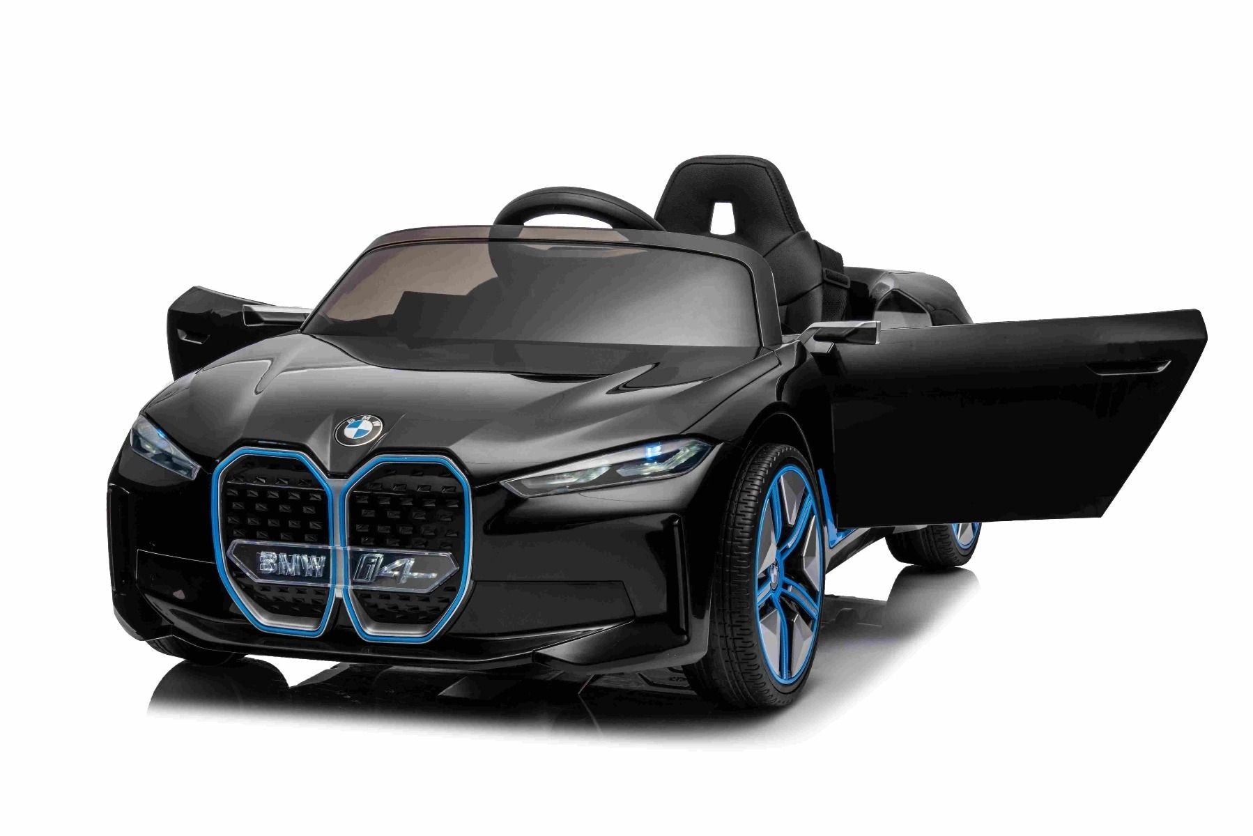 Elektro-Rutschauto BMW i4, noir, 2,4-GHz-Fernbedienung, USB / AUX / Bluetooth, Hinterradaufhängung, 12-V-Batterie, LED-Leuchten, 2 x 25-W-Motor, ORIGINAL-Lizenz