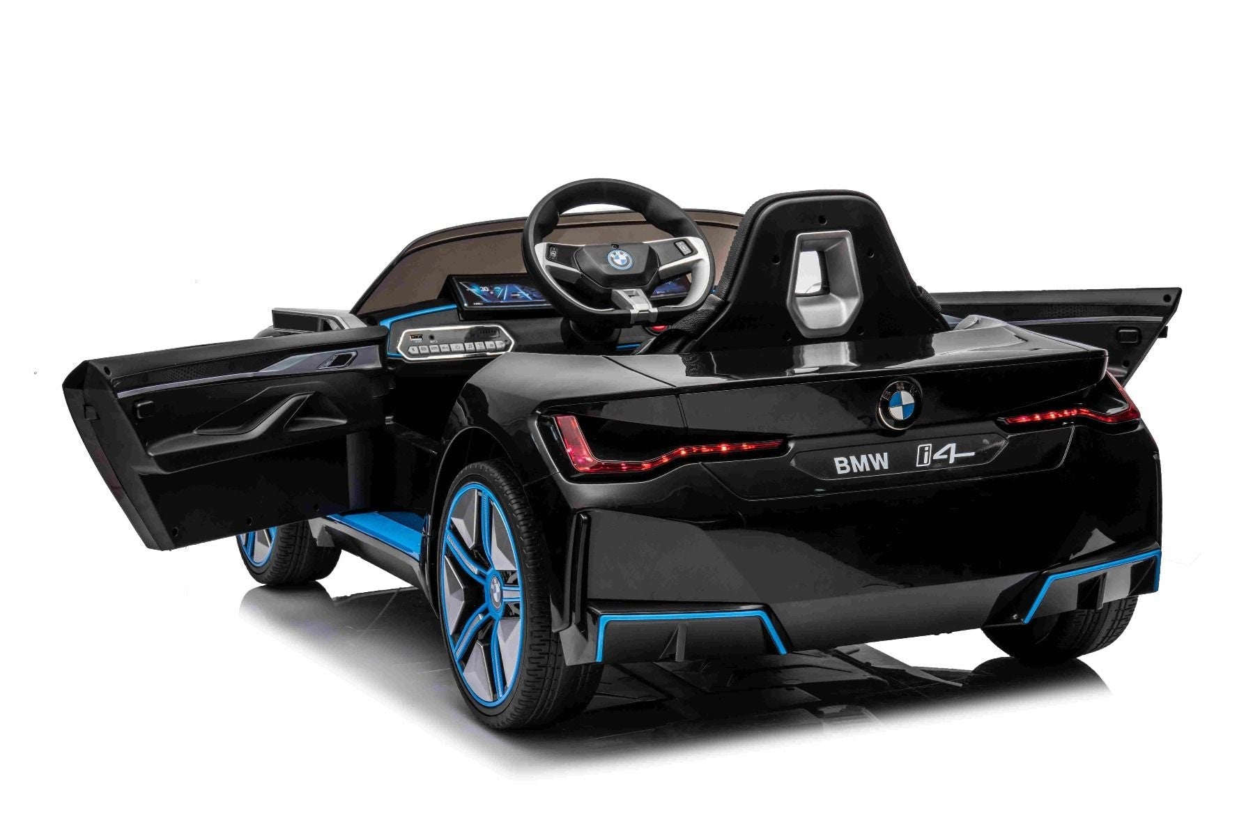 Elektro-Rutschauto BMW i4, noir, 2,4-GHz-Fernbedienung, USB / AUX / Bluetooth, Hinterradaufhängung, 12-V-Batterie, LED-Leuchten, 2 x 25-W-Motor, ORIGINAL-Lizenz