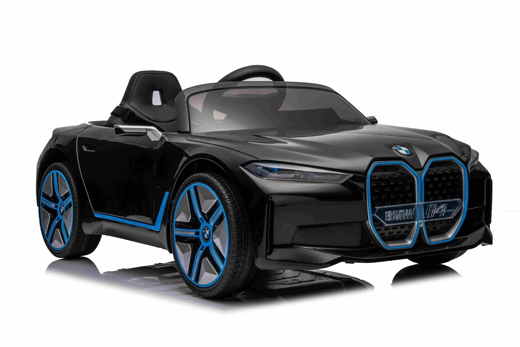 Elektro-Rutschauto BMW i4, noir, 2,4-GHz-Fernbedienung, USB / AUX / Bluetooth, Hinterradaufhängung, 12-V-Batterie, LED-Leuchten, 2 x 25-W-Motor, ORIGINAL-Lizenz
