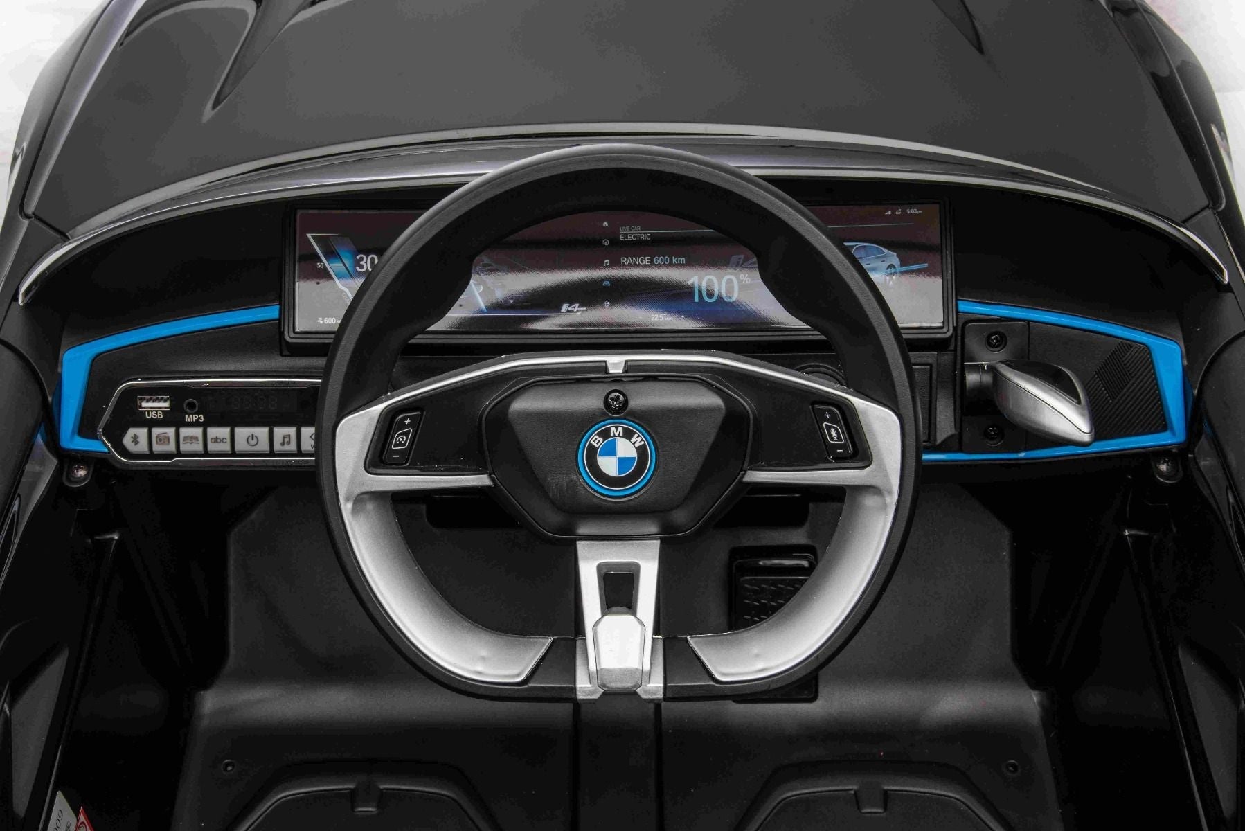 Elektro-Rutschauto BMW i4, noir, 2,4-GHz-Fernbedienung, USB / AUX / Bluetooth, Hinterradaufhängung, 12-V-Batterie, LED-Leuchten, 2 x 25-W-Motor, ORIGINAL-Lizenz