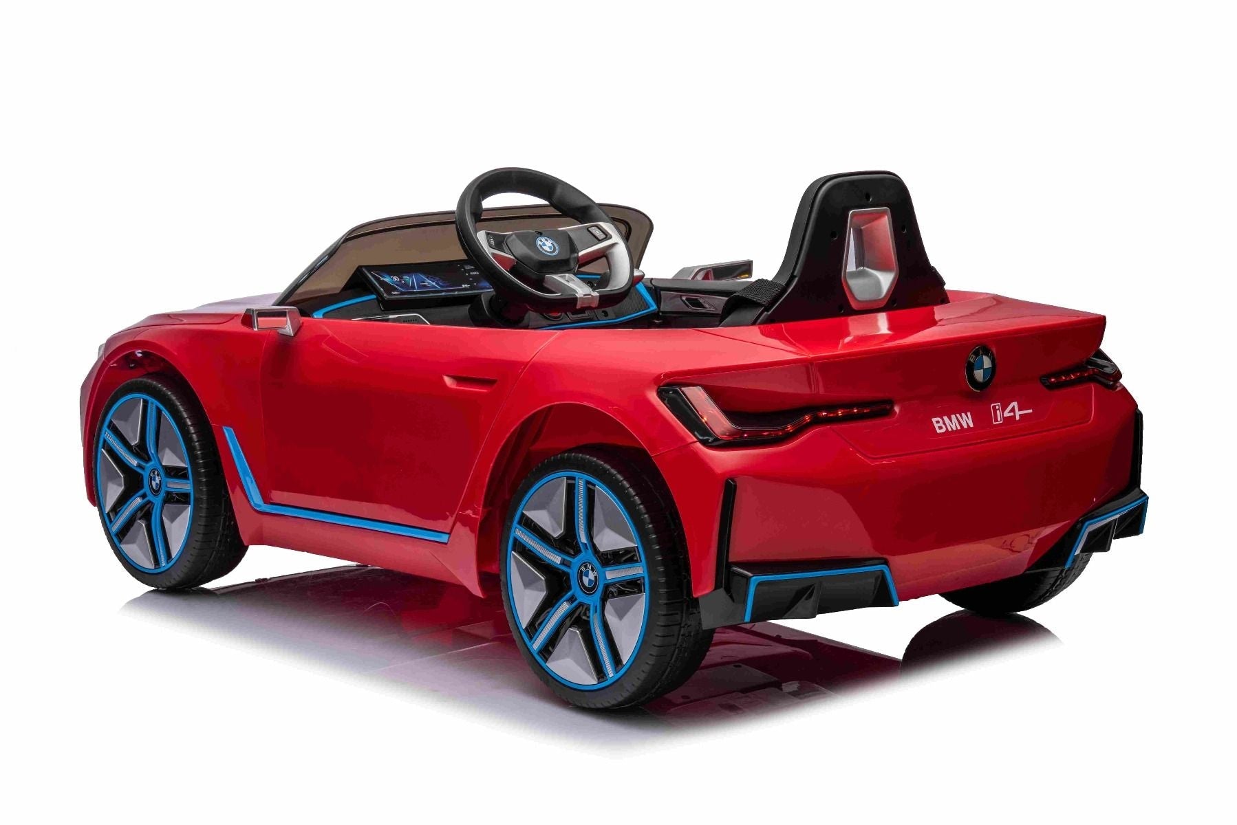 Elektro-Rutschauto BMW i4, rouge, 2,4-GHz-Fernbedienung, USB / AUX / Bluetooth, Hinterradaufhängung, 12-V-Batterie, LED-Leuchten, 2 x 25-W-Motor, ORIGINAL-Lizenz