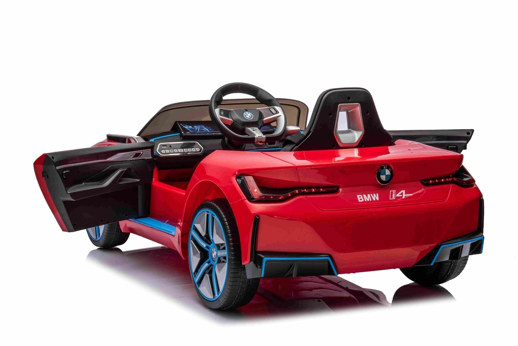 Elektro-Rutschauto BMW i4, rouge, 2,4-GHz-Fernbedienung, USB / AUX / Bluetooth, Hinterradaufhängung, 12-V-Batterie, LED-Leuchten, 2 x 25-W-Motor, ORIGINAL-Lizenz