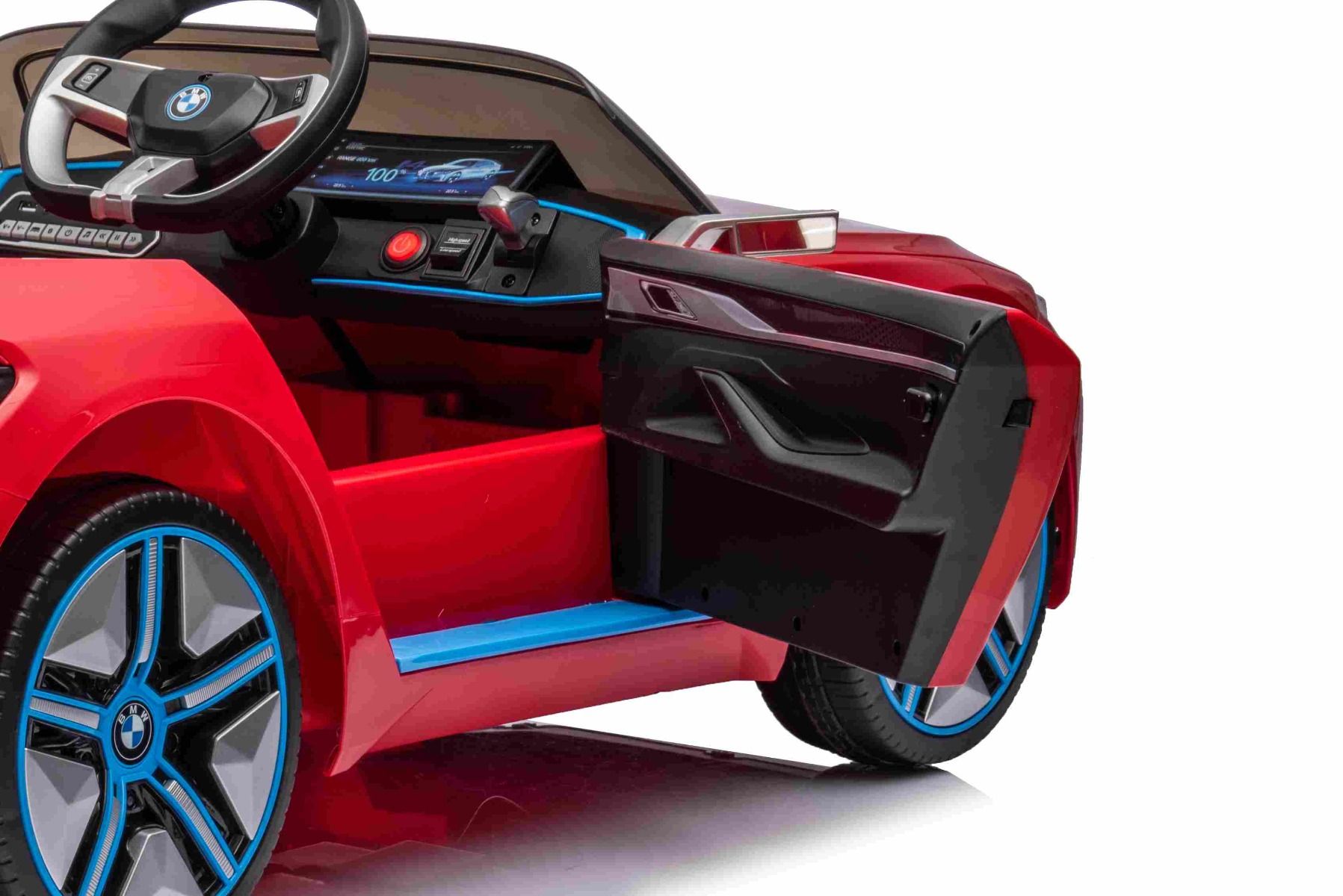 Elektro-Rutschauto BMW i4, rouge, 2,4-GHz-Fernbedienung, USB / AUX / Bluetooth, Hinterradaufhängung, 12-V-Batterie, LED-Leuchten, 2 x 25-W-Motor, ORIGINAL-Lizenz
