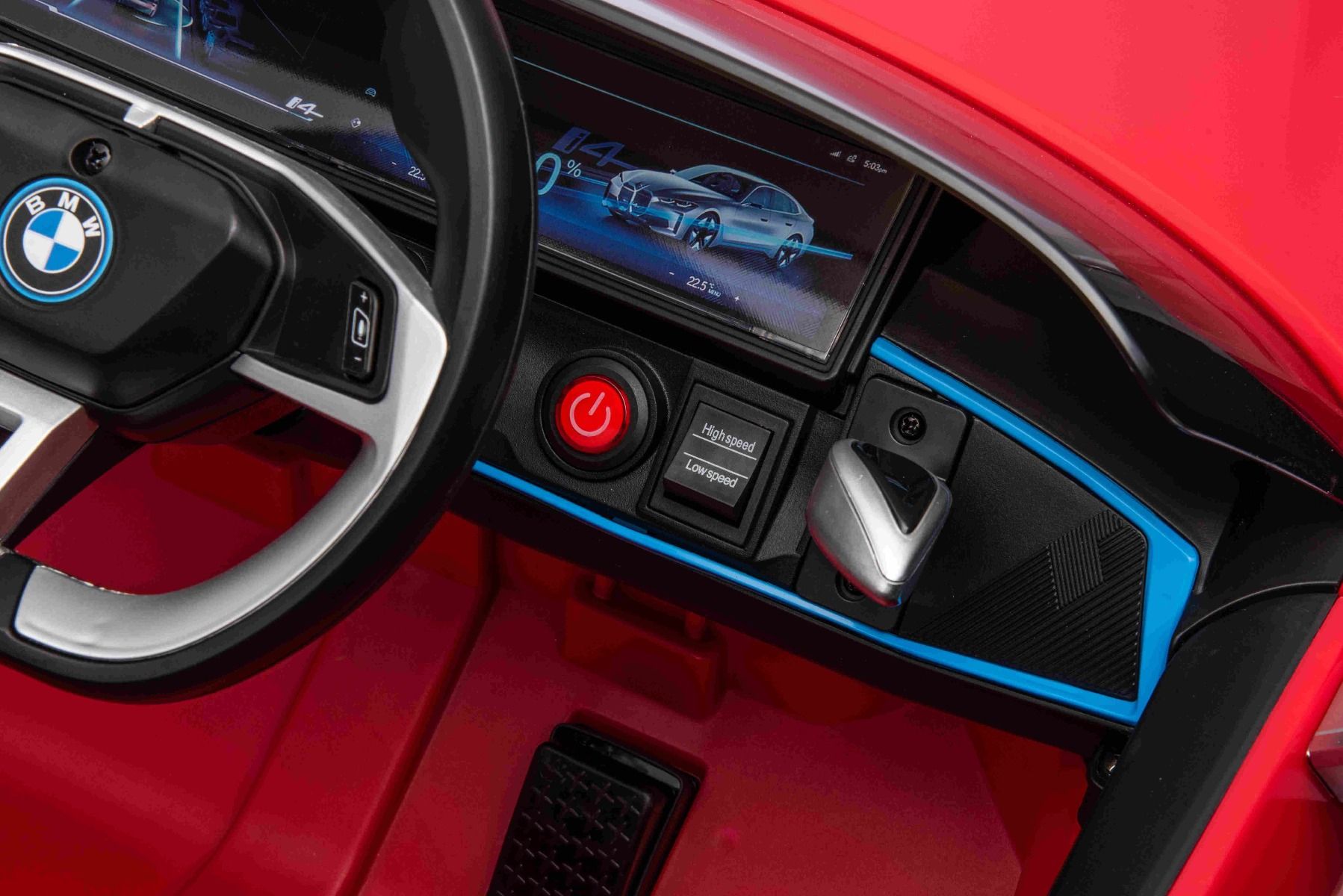 Elektro-Rutschauto BMW i4, rouge, 2,4-GHz-Fernbedienung, USB / AUX / Bluetooth, Hinterradaufhängung, 12-V-Batterie, LED-Leuchten, 2 x 25-W-Motor, ORIGINAL-Lizenz