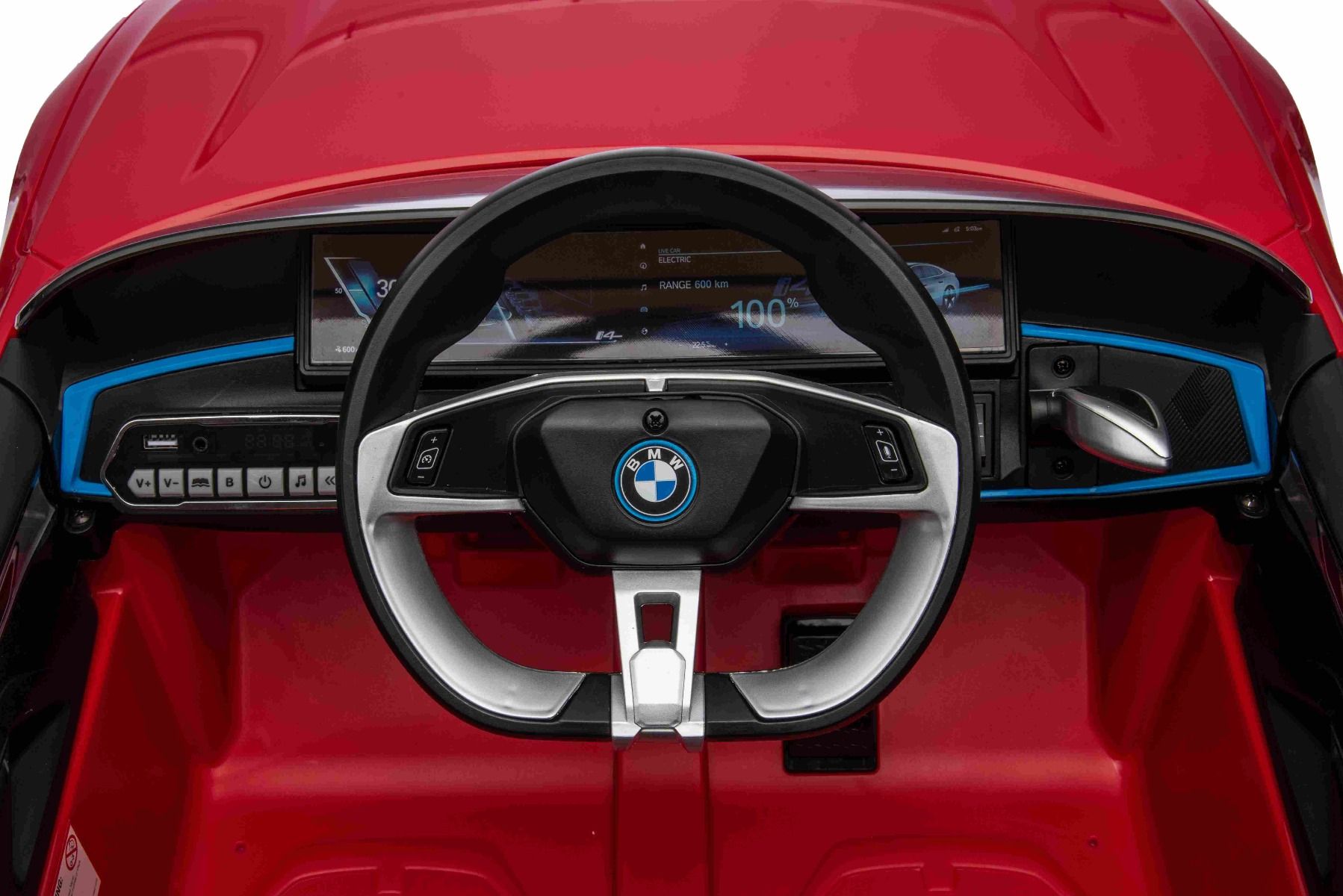 Elektro-Rutschauto BMW i4, rouge, 2,4-GHz-Fernbedienung, USB / AUX / Bluetooth, Hinterradaufhängung, 12-V-Batterie, LED-Leuchten, 2 x 25-W-Motor, ORIGINAL-Lizenz