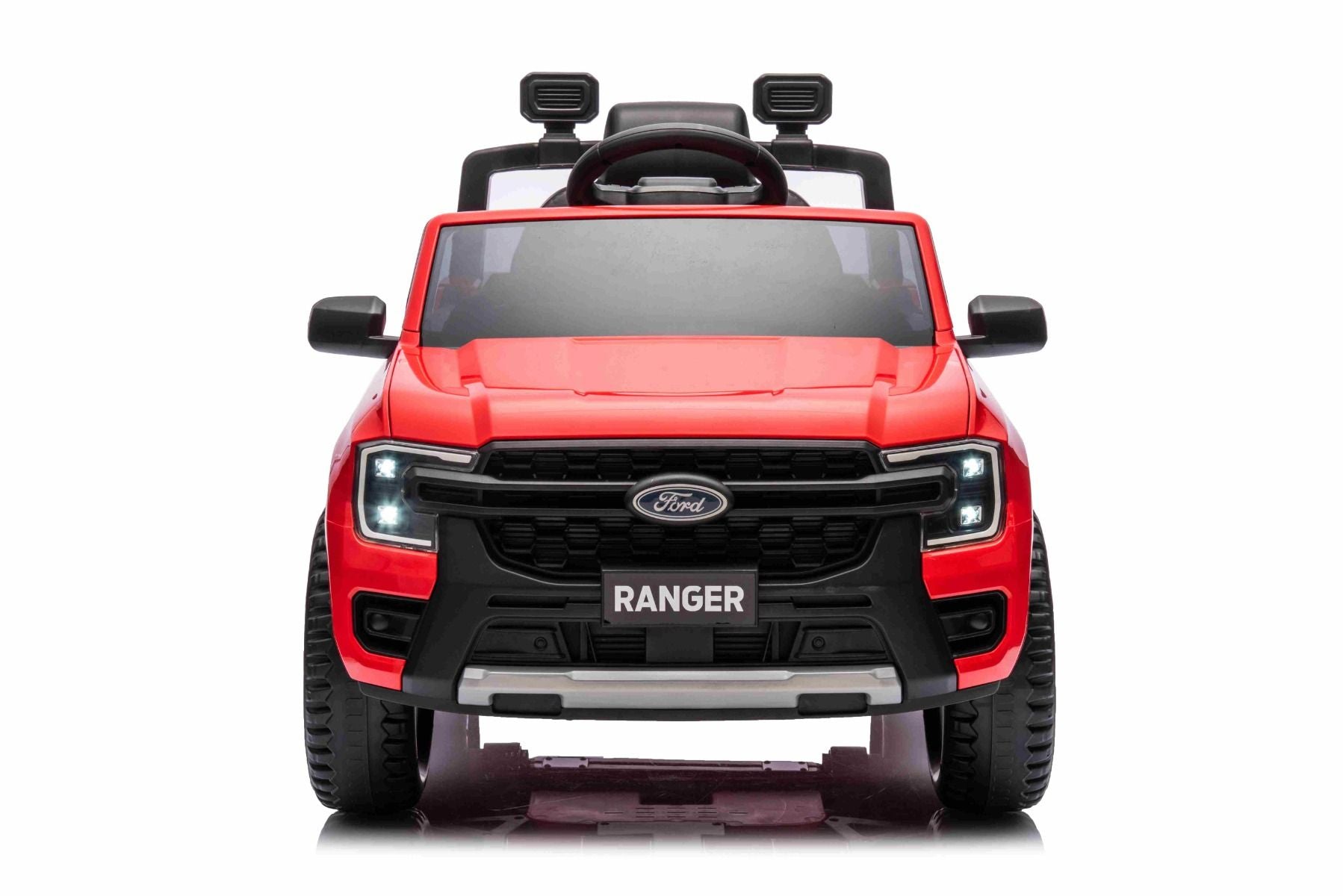 Elektro-Rutschauto FORD Ranger 12V, rot, Ledersitz, 2,4-GHz-Fernbedienung, Bluetooth-/USB-Eingang, Federung, 12-V-Batterie, Kunststoffräder, 2 x 30-W-Motoren, ORIGINAL-Lizenz