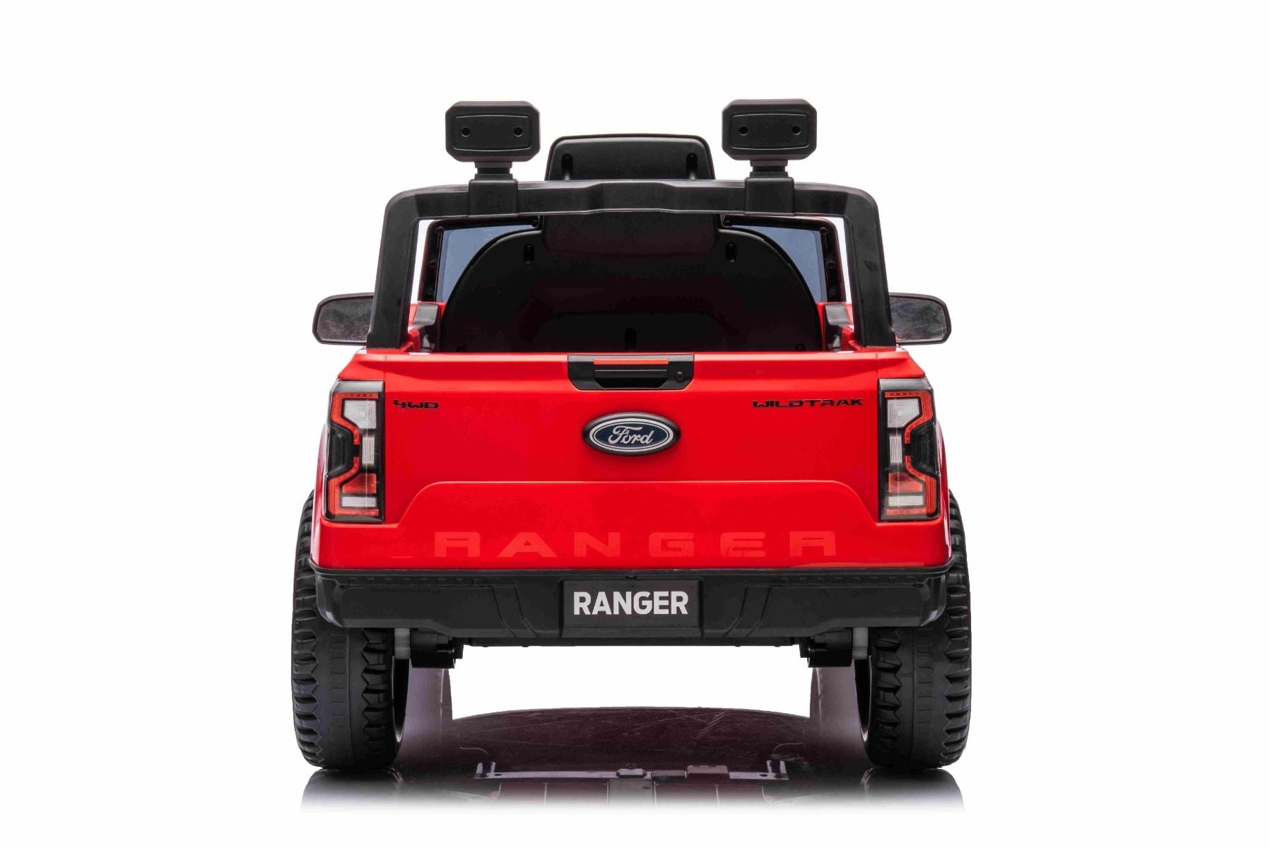 Elektro-Rutschauto FORD Ranger 12V, rot, Ledersitz, 2,4-GHz-Fernbedienung, Bluetooth-/USB-Eingang, Federung, 12-V-Batterie, Kunststoffräder, 2 x 30-W-Motoren, ORIGINAL-Lizenz