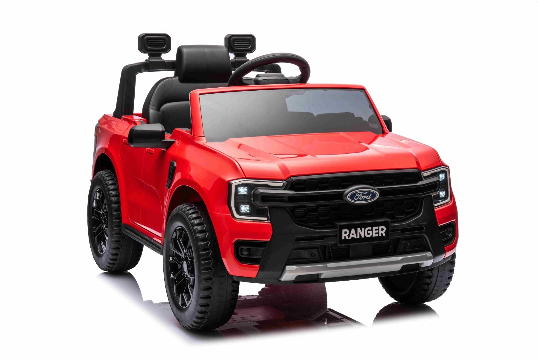 Elektro-Rutschauto FORD Ranger 12V, rot, Ledersitz, 2,4-GHz-Fernbedienung, Bluetooth-/USB-Eingang, Federung, 12-V-Batterie, Kunststoffräder, 2 x 30-W-Motoren, ORIGINAL-Lizenz