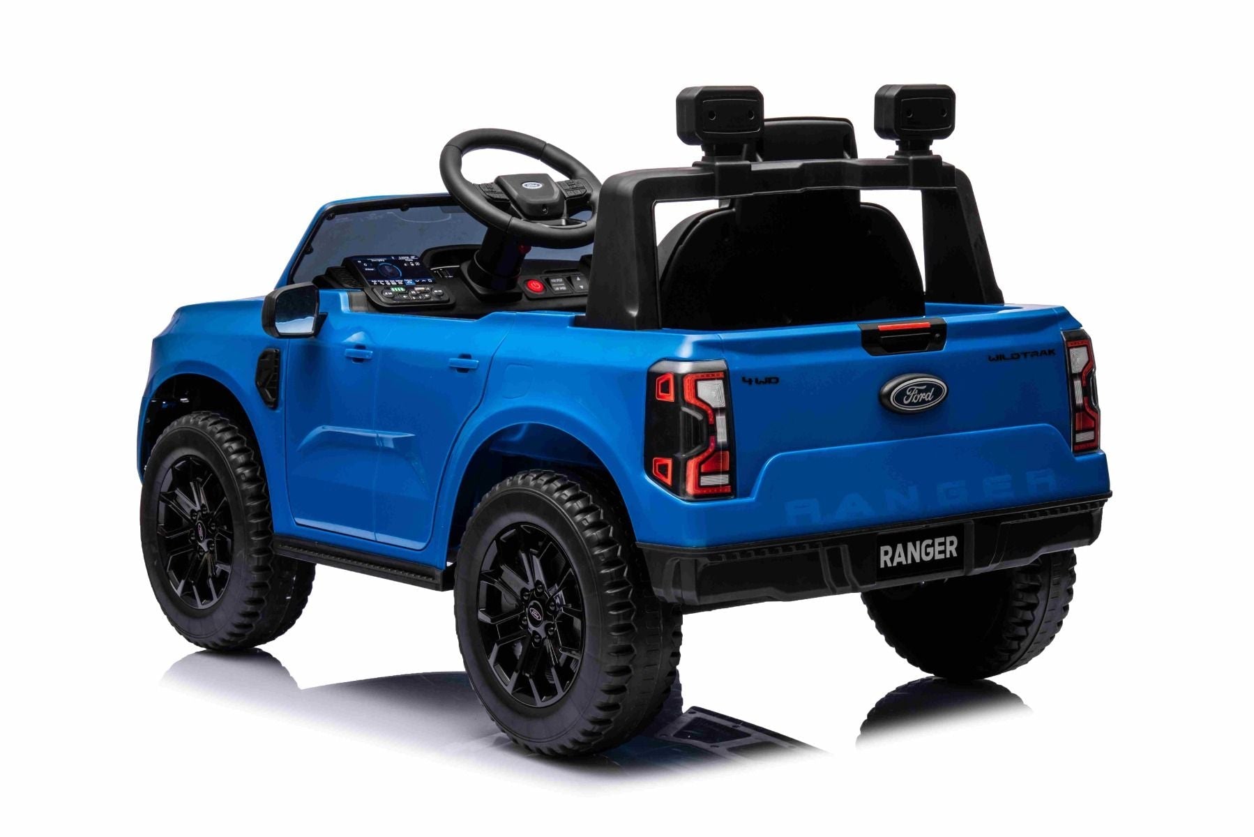 Elektro-Rutschauto FORD Ranger 12V, blau, Ledersitz, 2,4-GHz-Fernbedienung, Bluetooth-/USB-Eingang, Federung, 12-V-Batterie, Kunststoffräder, 2 x 30-W-Motoren, ORIGINAL-Lizenz
