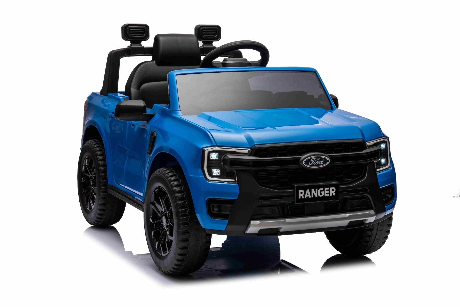 Elektro-Rutschauto FORD Ranger 12V, blau, Ledersitz, 2,4-GHz-Fernbedienung, Bluetooth-/USB-Eingang, Federung, 12-V-Batterie, Kunststoffräder, 2 x 30-W-Motoren, ORIGINAL-Lizenz