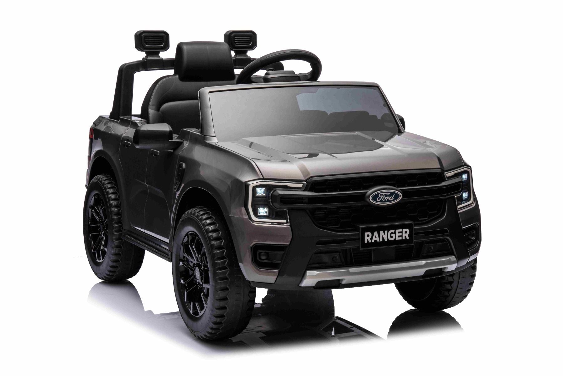 Elektro-Rutschauto FORD Ranger 12V, grau, Ledersitz, 2,4-GHz-Fernbedienung, Bluetooth-/USB-Eingang, Federung, 12-V-Batterie, Kunststoffräder, 2 x 30-W-Motoren, ORIGINAL-Lizenz