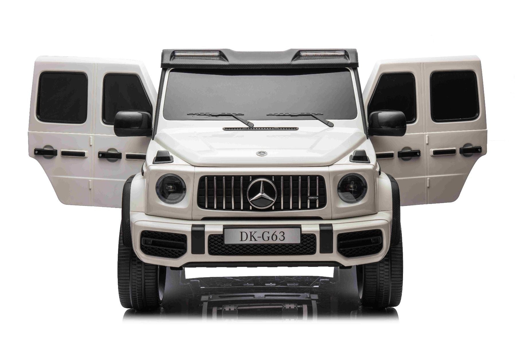 Elektro-Kinderauto Mercedes-Benz G63 AMG 4x4² Zweisitzer 12V, Weiß, MP3-Player mit USB/AUX-Eingang, 4x4-Antrieb, Batterie 12V14Ah, gefederte EVA-Räder, Kunstledersitze, Fernbedienung, Lizenziert