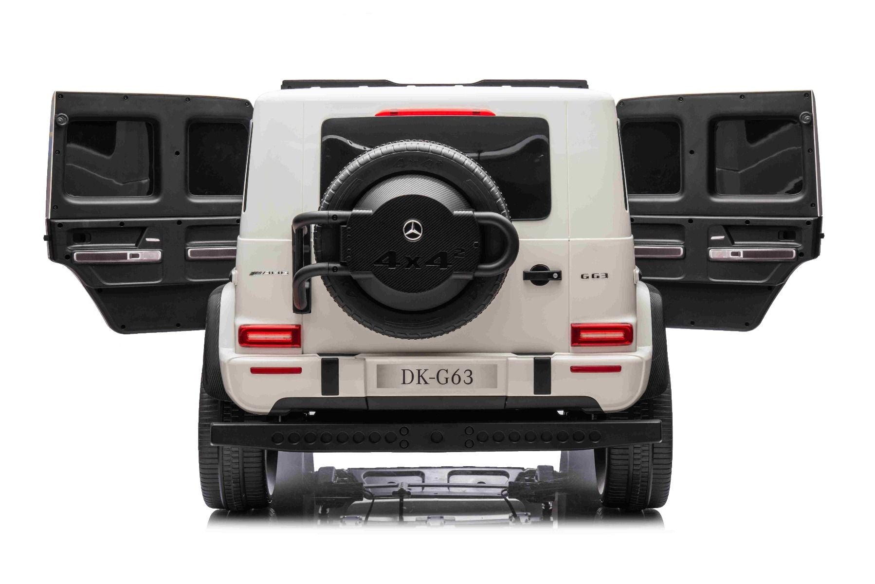 Elektro-Kinderauto Mercedes-Benz G63 AMG 4x4² Zweisitzer 12V, Weiß, MP3-Player mit USB/AUX-Eingang, 4x4-Antrieb, Batterie 12V14Ah, gefederte EVA-Räder, Kunstledersitze, Fernbedienung, Lizenziert