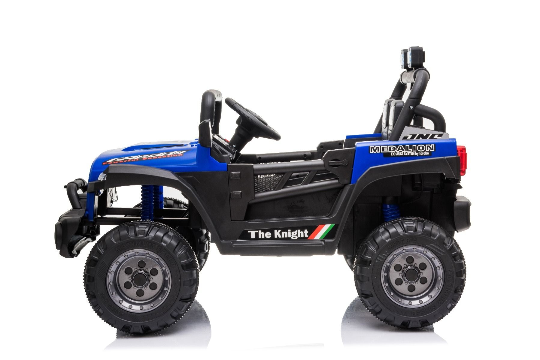 All Ride Elektroauto mit Hinterradantrieb, bleu, 12 V Akku, hohes Fahrwerk, breite Sitzbank, Federung an der Hinterachse, 2,4 GHz Fernsteuerung, MP3-Player mit USB, LED-Leuchten, rot