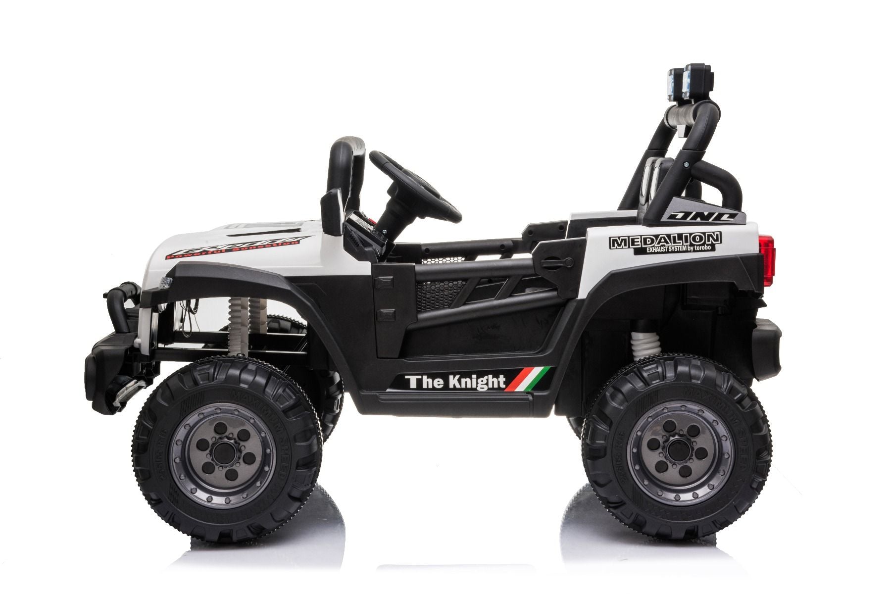 All Ride Elektroauto mit Hinterradantrieb, weiß, 12 V Akku, hohes Fahrwerk, breite Sitzbank, Federung an der Hinterachse, 2,4 GHz Fernsteuerung, MP3-Player mit USB, LED-Leuchten