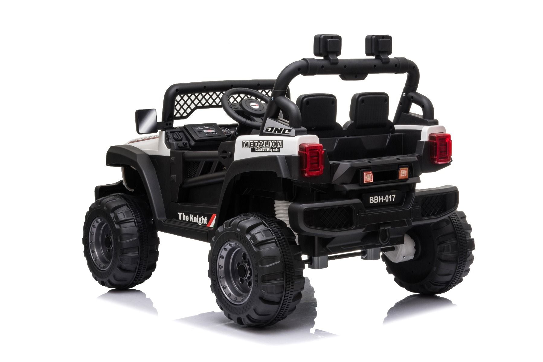 All Ride Elektroauto mit Hinterradantrieb, weiß, 12 V Akku, hohes Fahrwerk, breite Sitzbank, Federung an der Hinterachse, 2,4 GHz Fernsteuerung, MP3-Player mit USB, LED-Leuchten