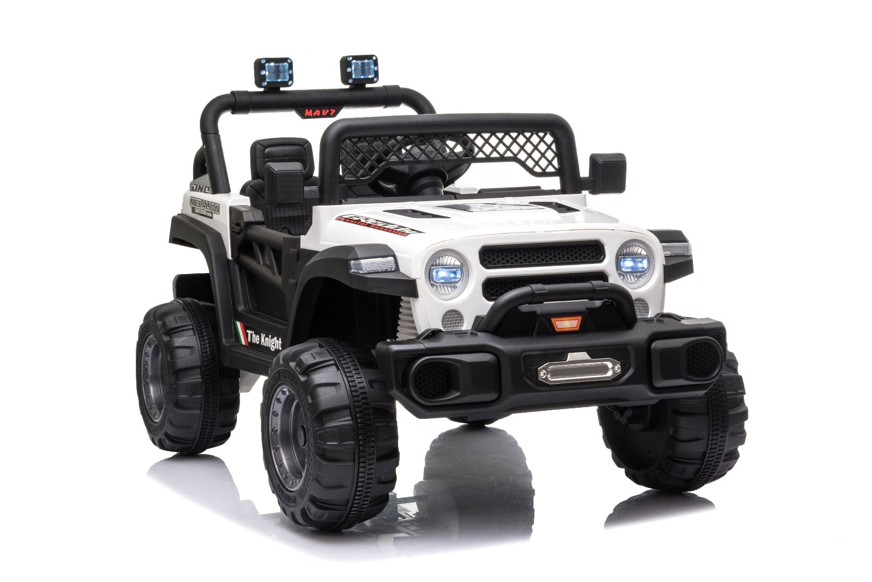 All Ride Elektroauto mit Hinterradantrieb, weiß, 12 V Akku, hohes Fahrwerk, breite Sitzbank, Federung an der Hinterachse, 2,4 GHz Fernsteuerung, MP3-Player mit USB, LED-Leuchten