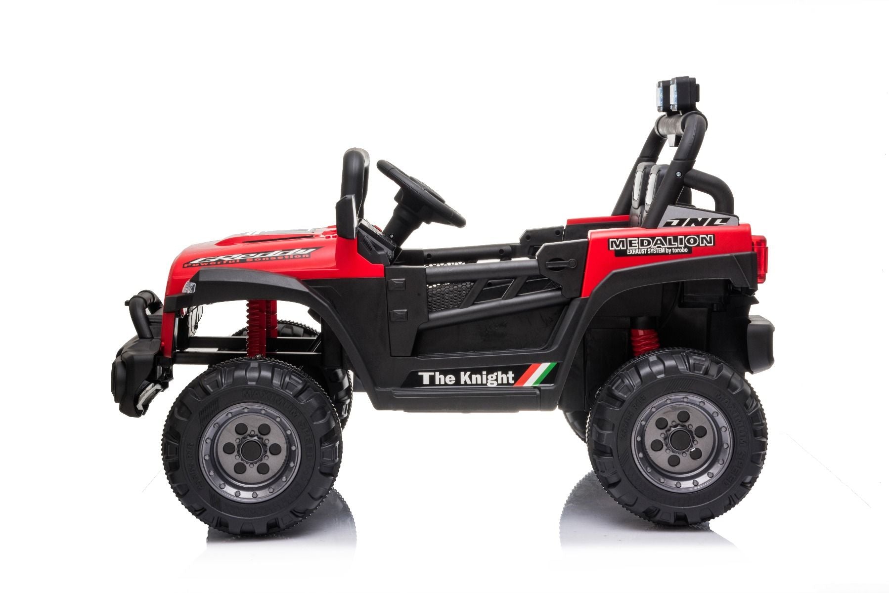 All Ride Elektroauto mit Hinterradantrieb, rot, 12 V Akku, hohes Fahrwerk, breite Sitzbank, Federung an der Hinterachse, 2,4 GHz Fernsteuerung, MP3-Player mit USB, LED-Leuchten, rot