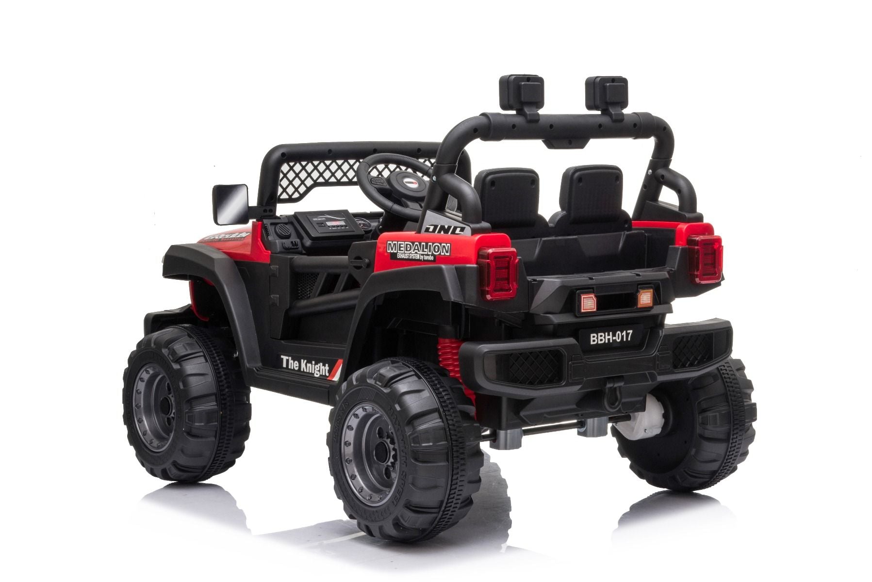 All Ride Elektroauto mit Hinterradantrieb, rot, 12 V Akku, hohes Fahrwerk, breite Sitzbank, Federung an der Hinterachse, 2,4 GHz Fernsteuerung, MP3-Player mit USB, LED-Leuchten, rot