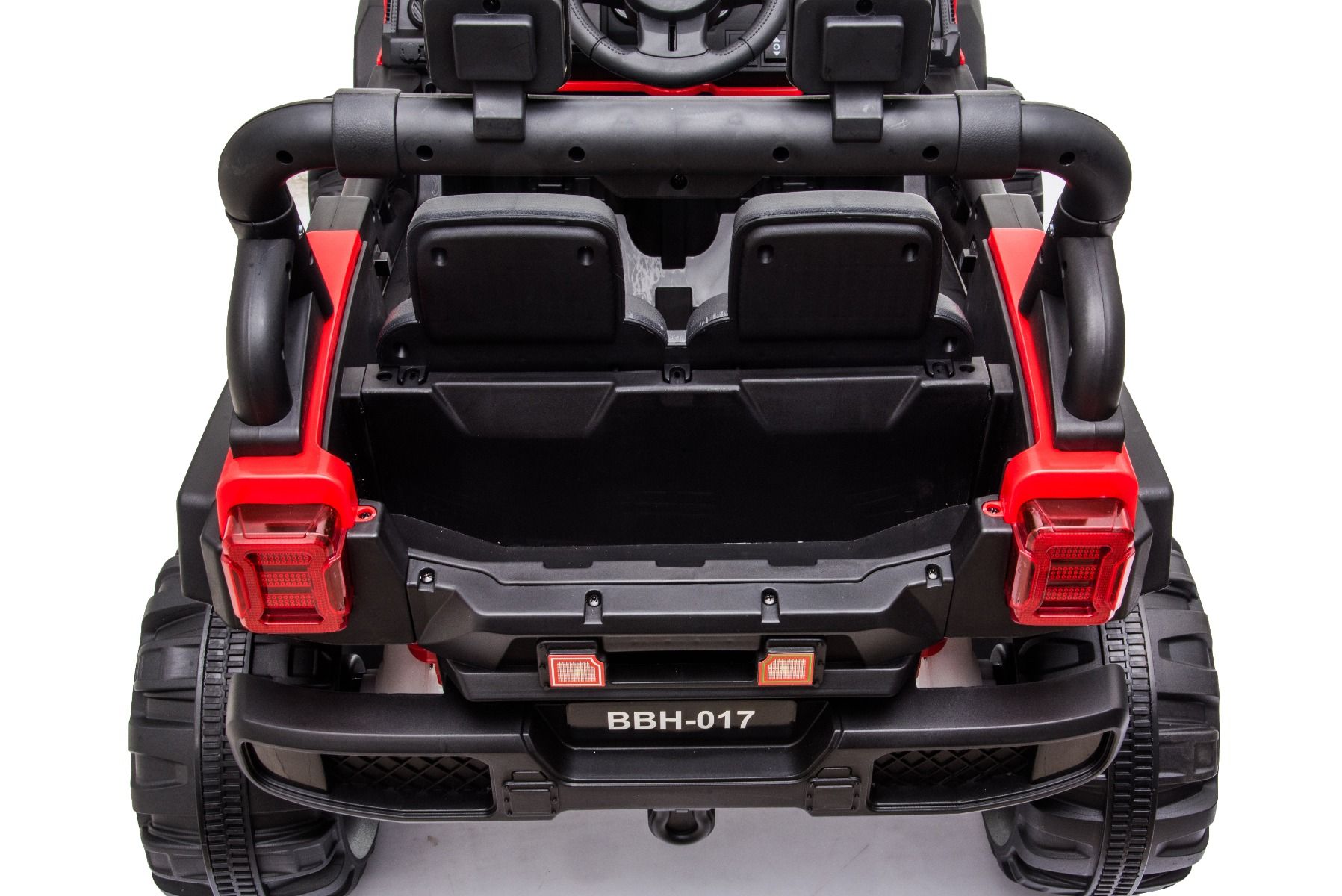 All Ride Elektroauto mit Hinterradantrieb, rot, 12 V Akku, hohes Fahrwerk, breite Sitzbank, Federung an der Hinterachse, 2,4 GHz Fernsteuerung, MP3-Player mit USB, LED-Leuchten, rot